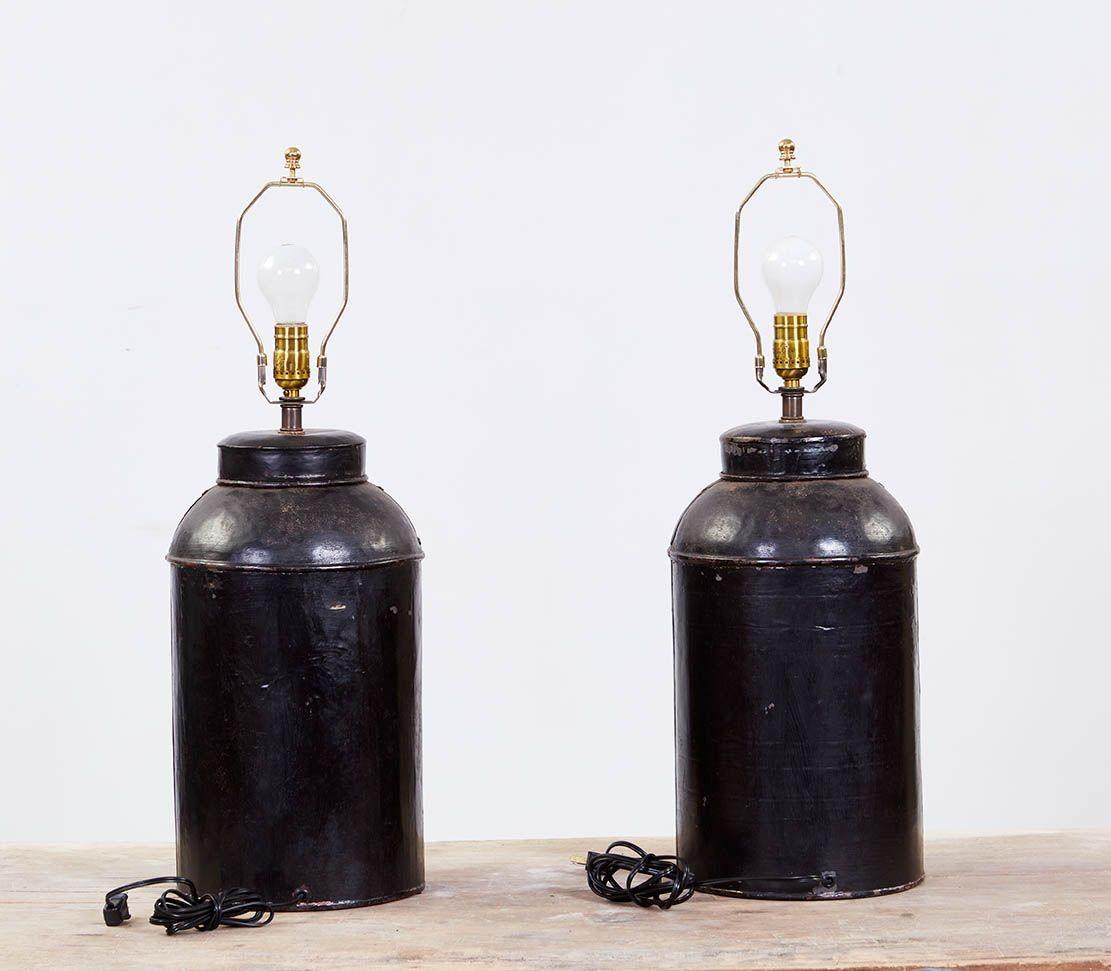 Japanned Pair of Tea Tin Lamps For Sale
