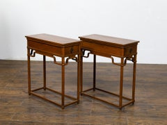 Pair of Teak 19th Century Console Tables with Drawers and Humpback Stretchers