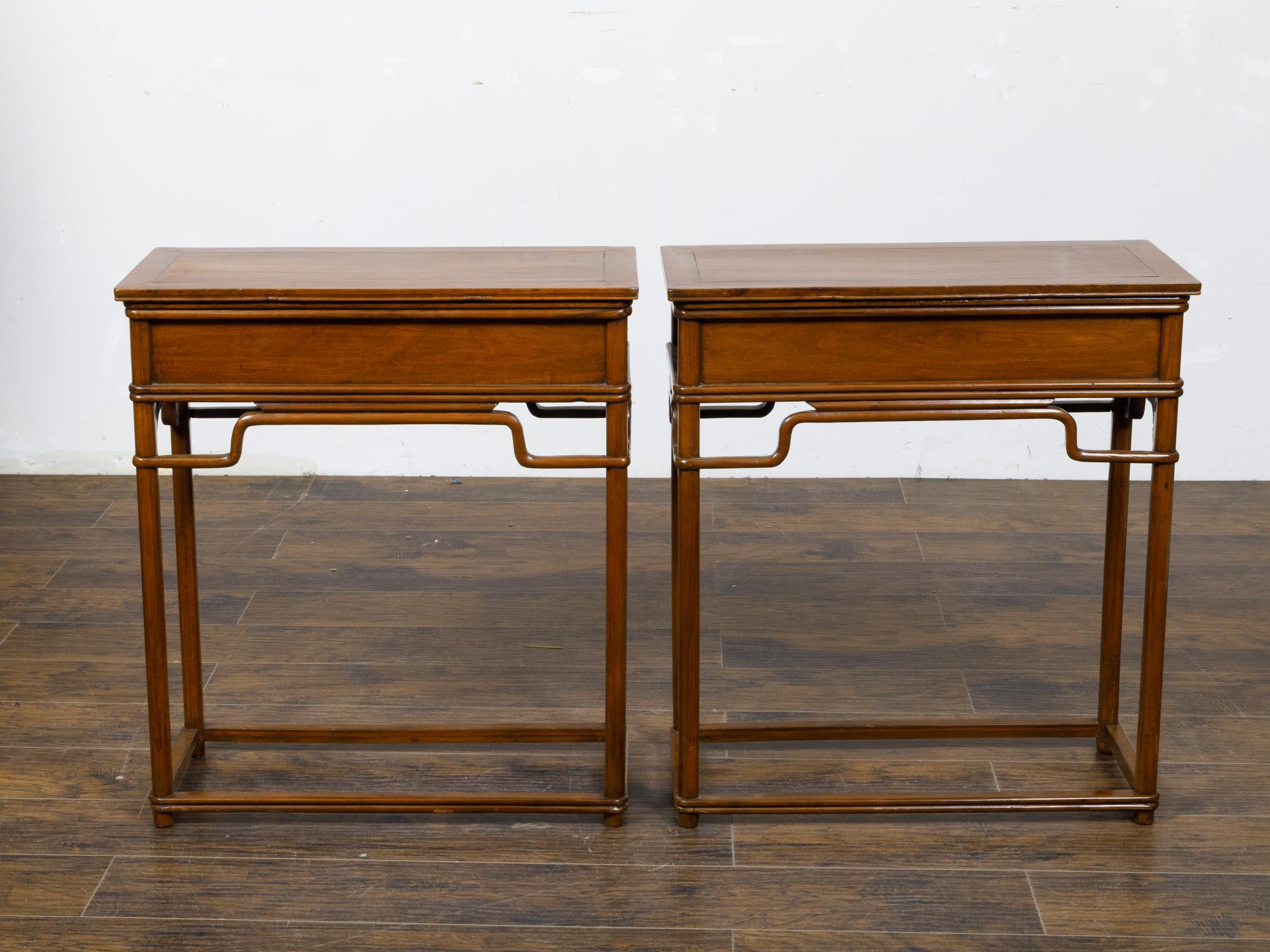 Carved Pair of Teak 19th Century Console Tables with Drawers and Humpback Stretchers For Sale