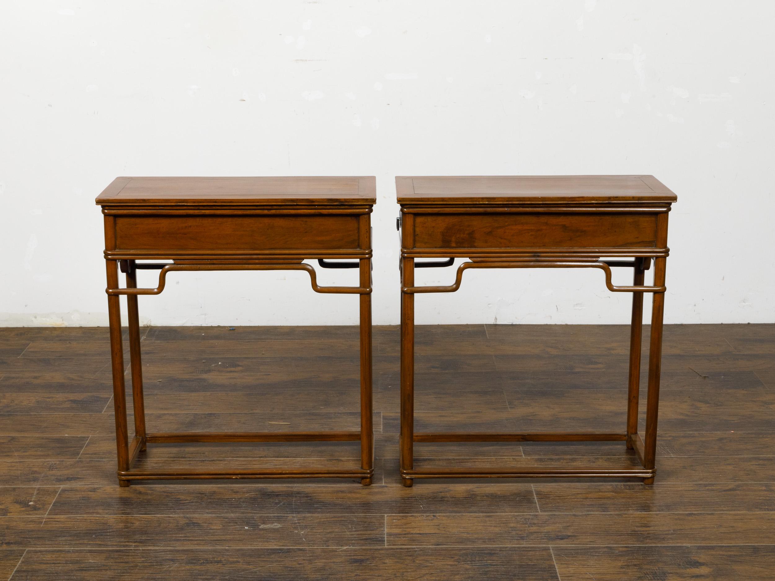 Brass Pair of Teak 19th Century Console Tables with Drawers and Humpback Stretchers For Sale