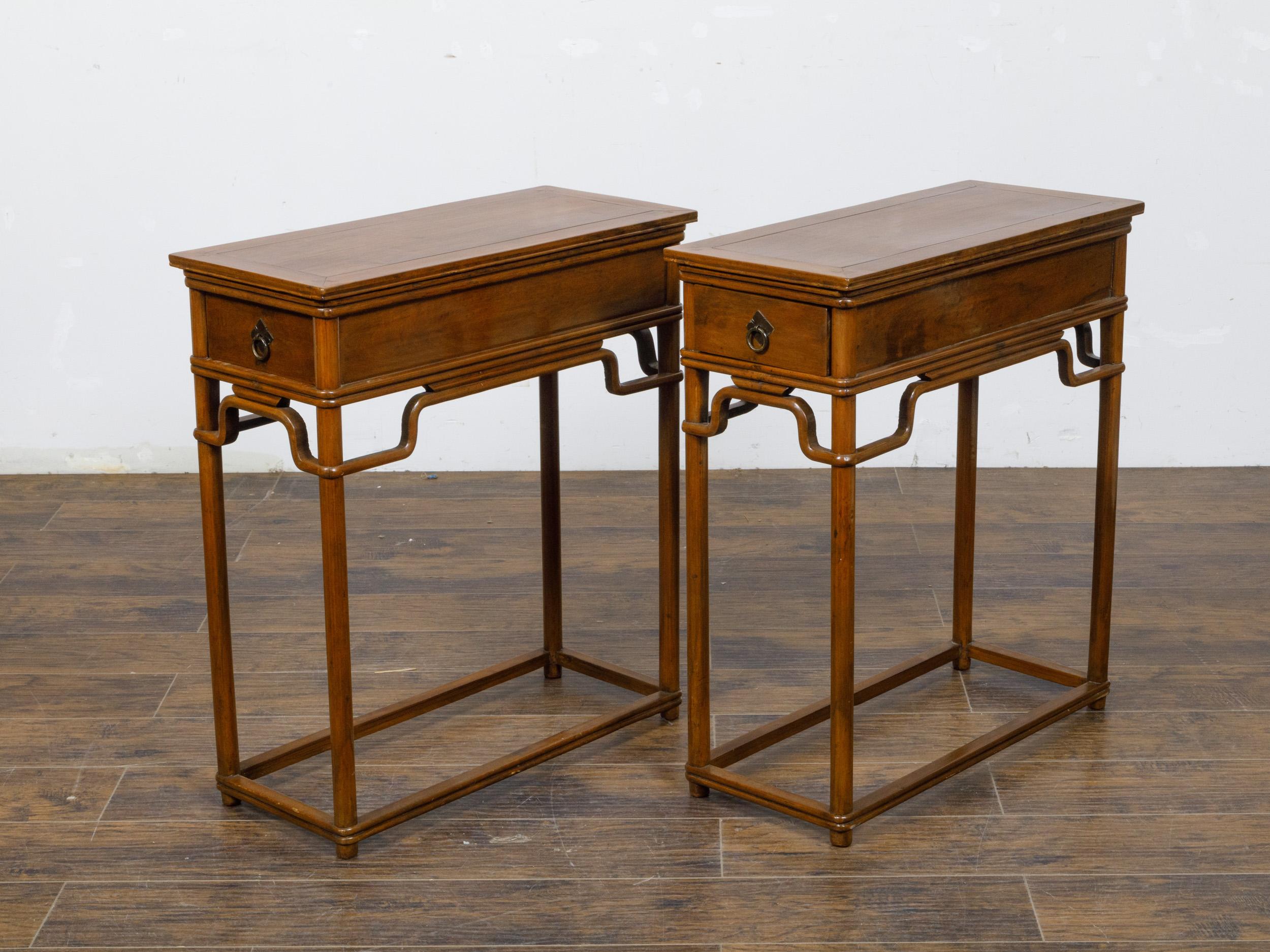 Pair of Teak 19th Century Console Tables with Drawers and Humpback Stretchers For Sale 1