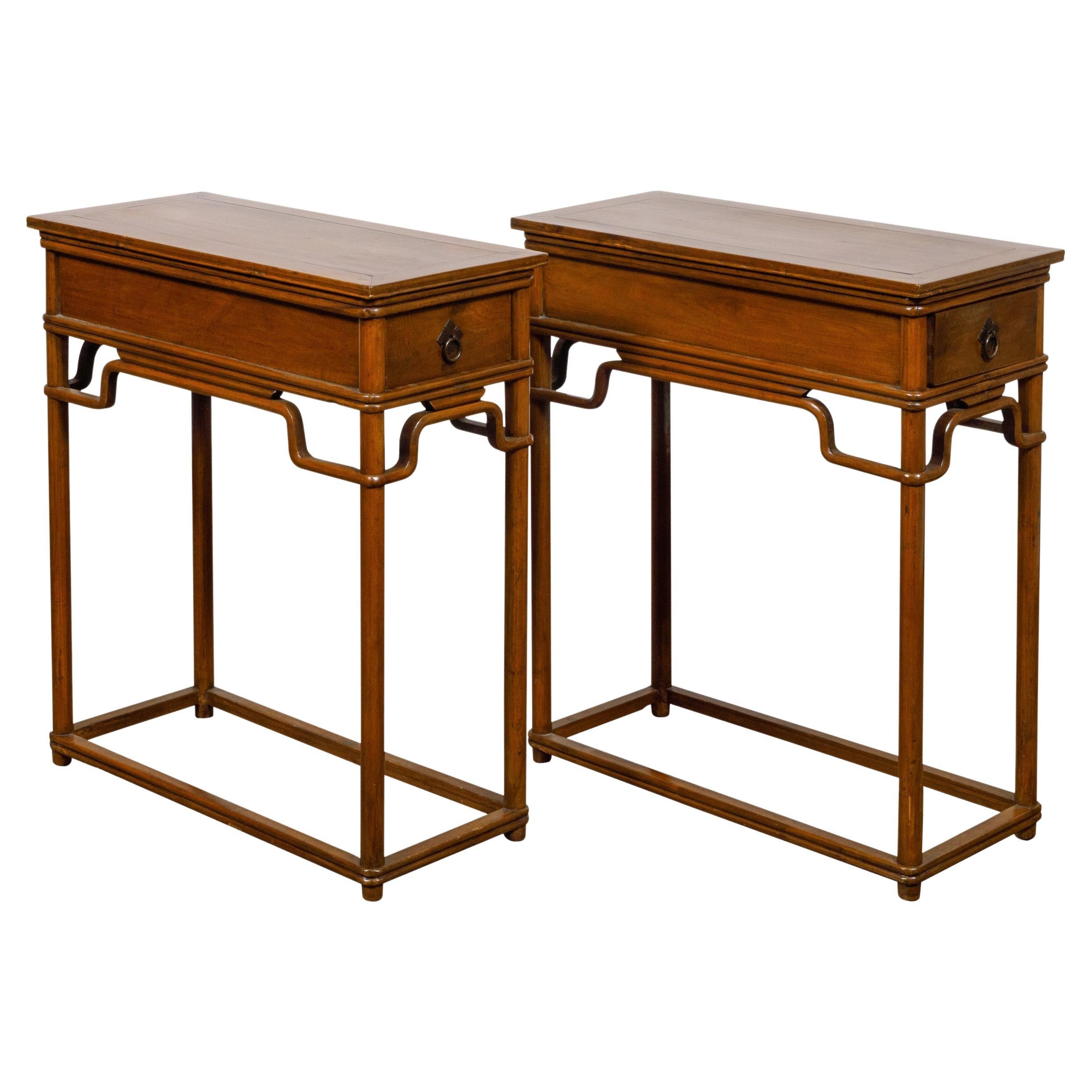 Pair of Teak 19th Century Console Tables with Drawers and Humpback Stretchers