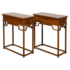 Antique Pair of Teak 19th Century Console Tables with Drawers and Humpback Stretchers