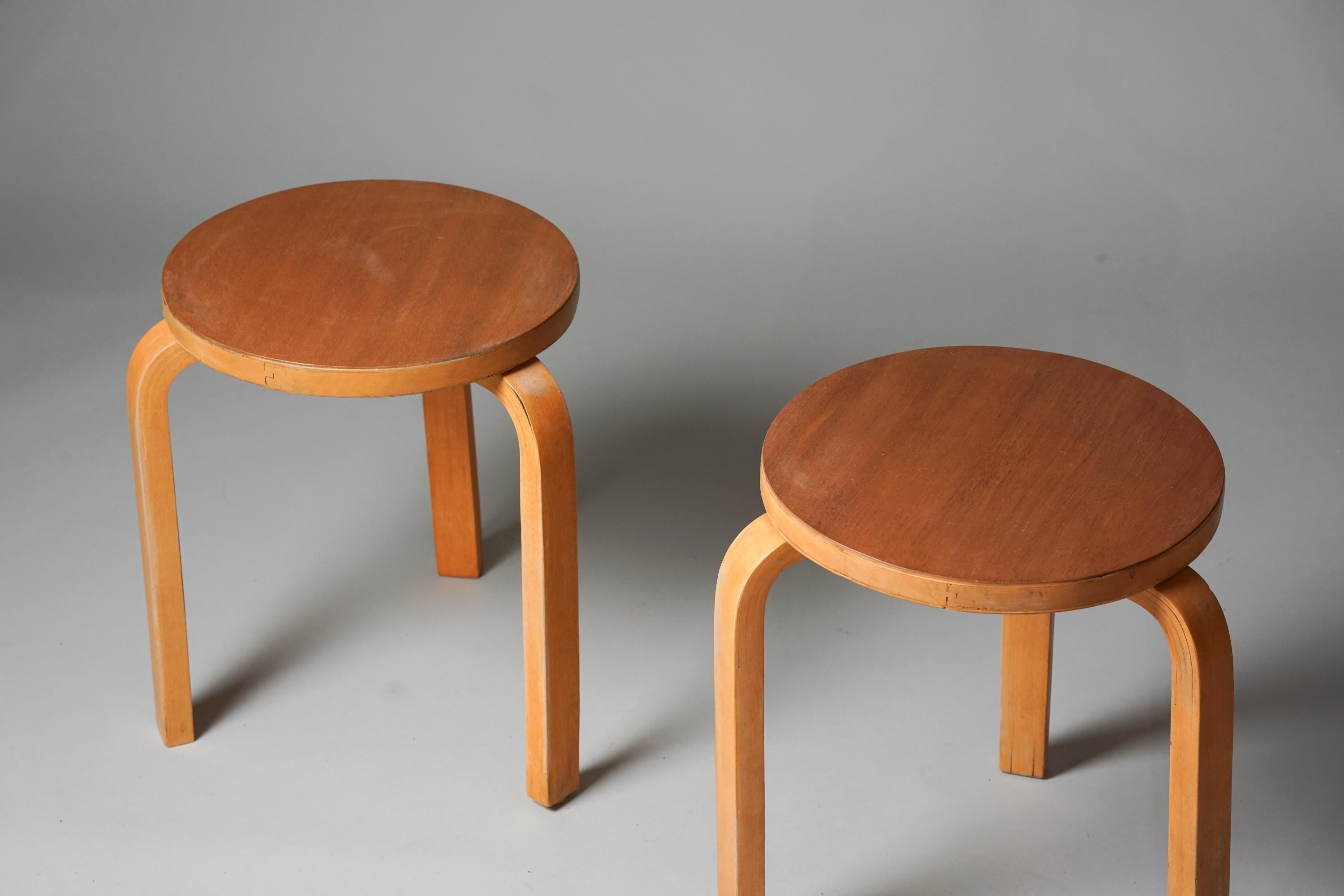 Scandinavian Modern Pair of Teak Aalto Model 60 Stools, Oy Huonekalu- ja Rakennustyötehdas Ab, 1940s For Sale