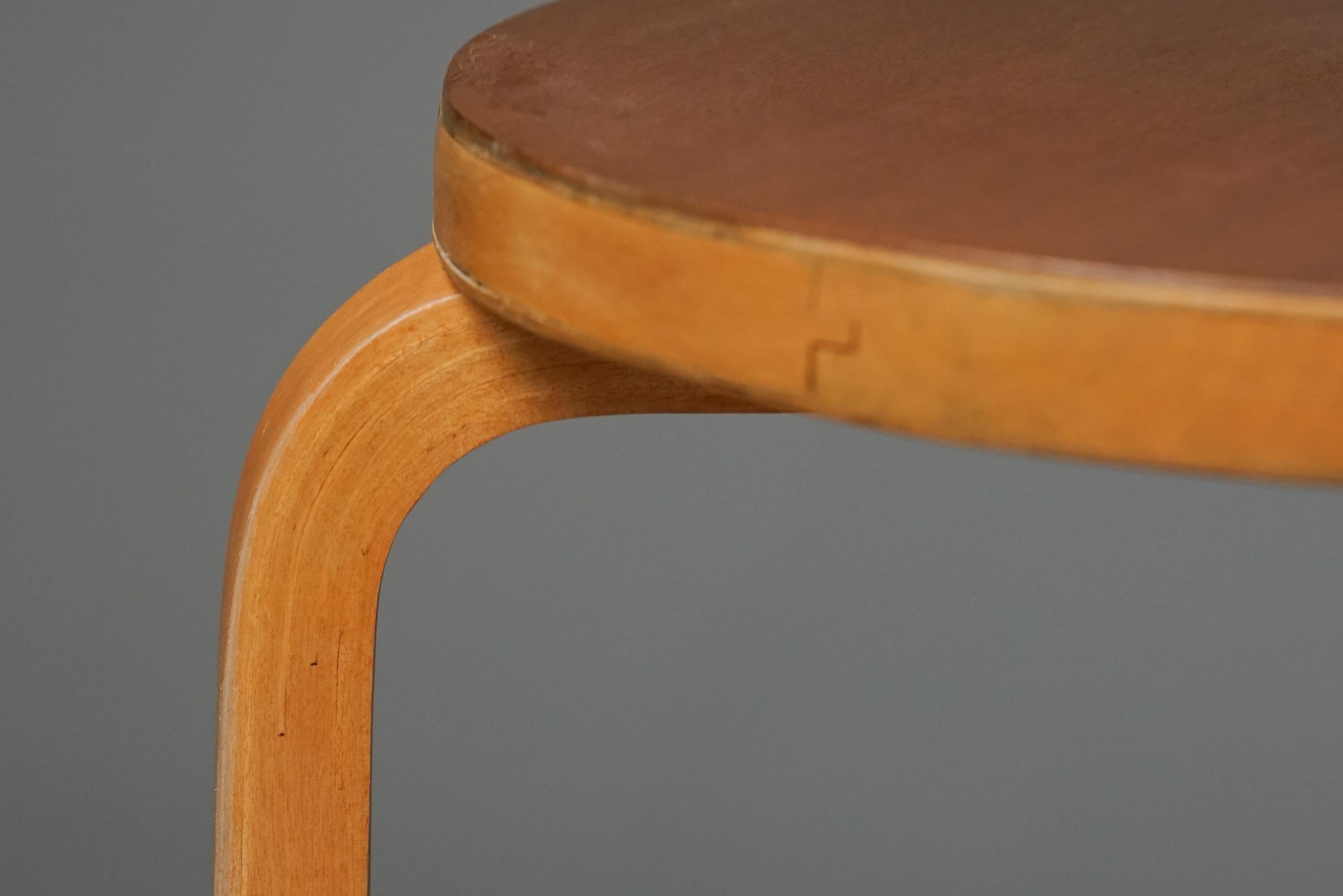 Mid-20th Century Pair of Teak Aalto Model 60 Stools, Oy Huonekalu- ja Rakennustyötehdas Ab, 1940s For Sale