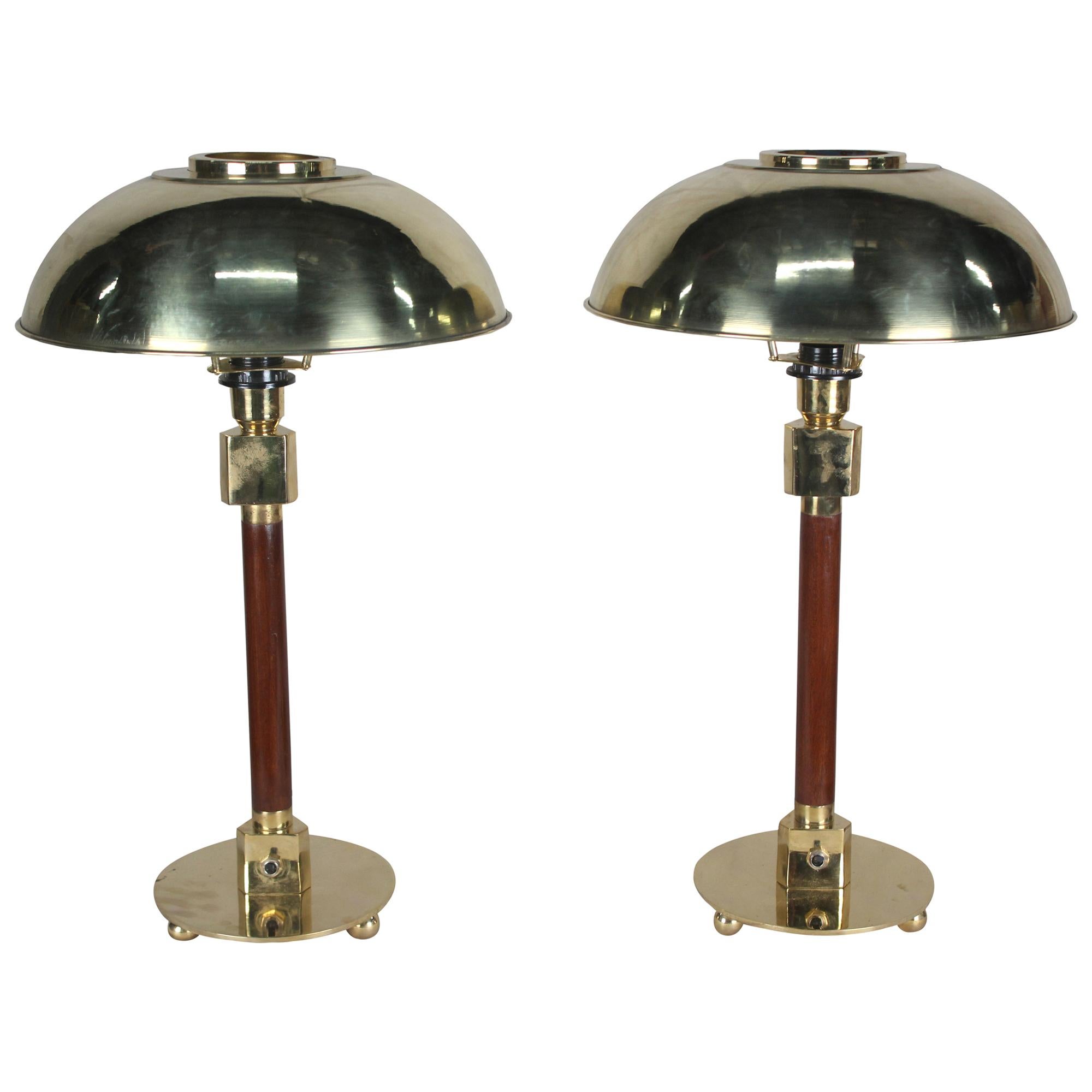 Pair of Teak and Brass Nautical Ship's Stateroom Table Lamps