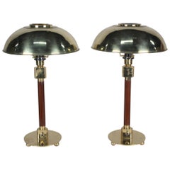 Vintage Pair of Teak and Brass Nautical Ship's Stateroom Table Lamps