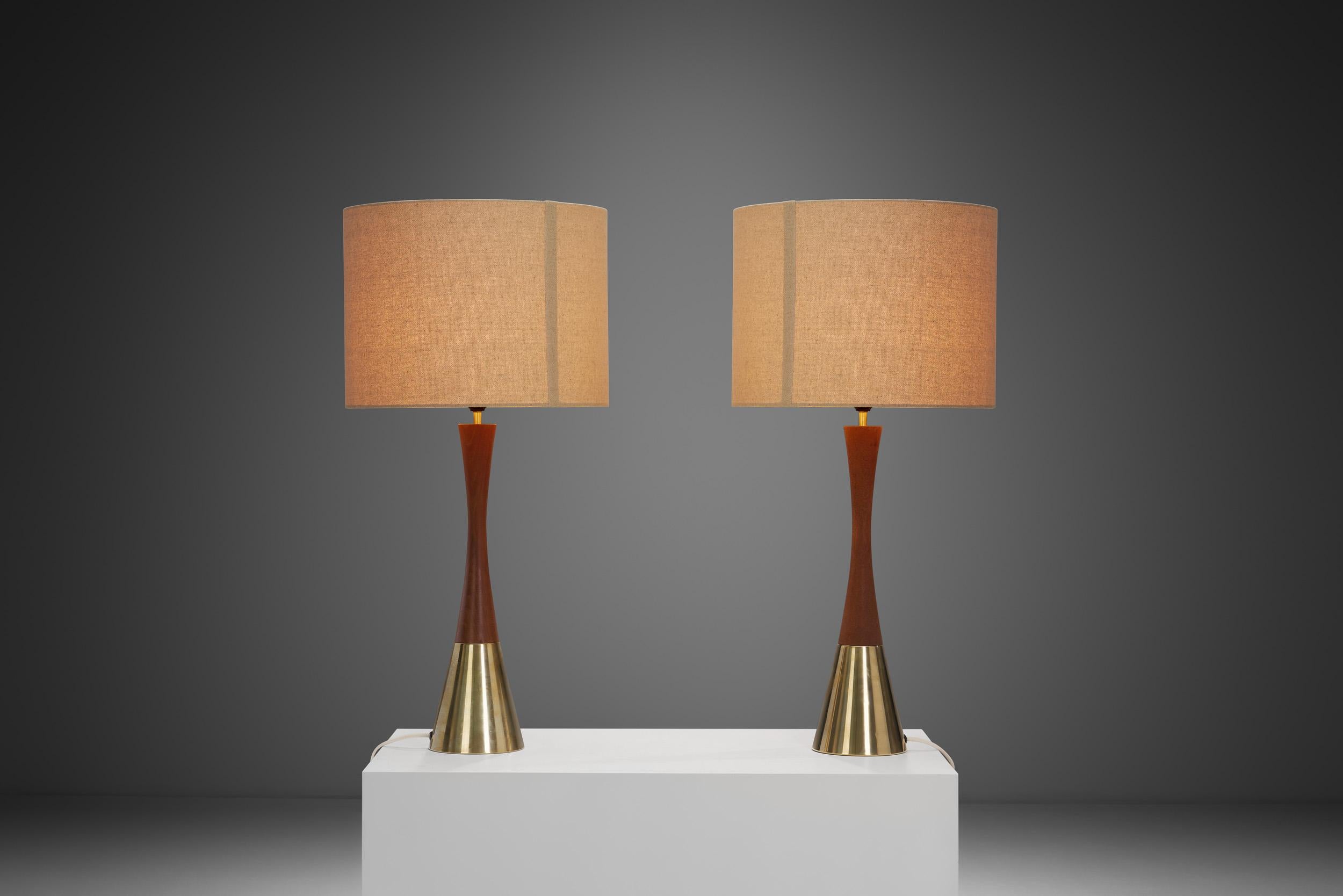 Swedish Pair of Teak and Brass Table Lamps by Bergboms, Sweden ca 1970s For Sale