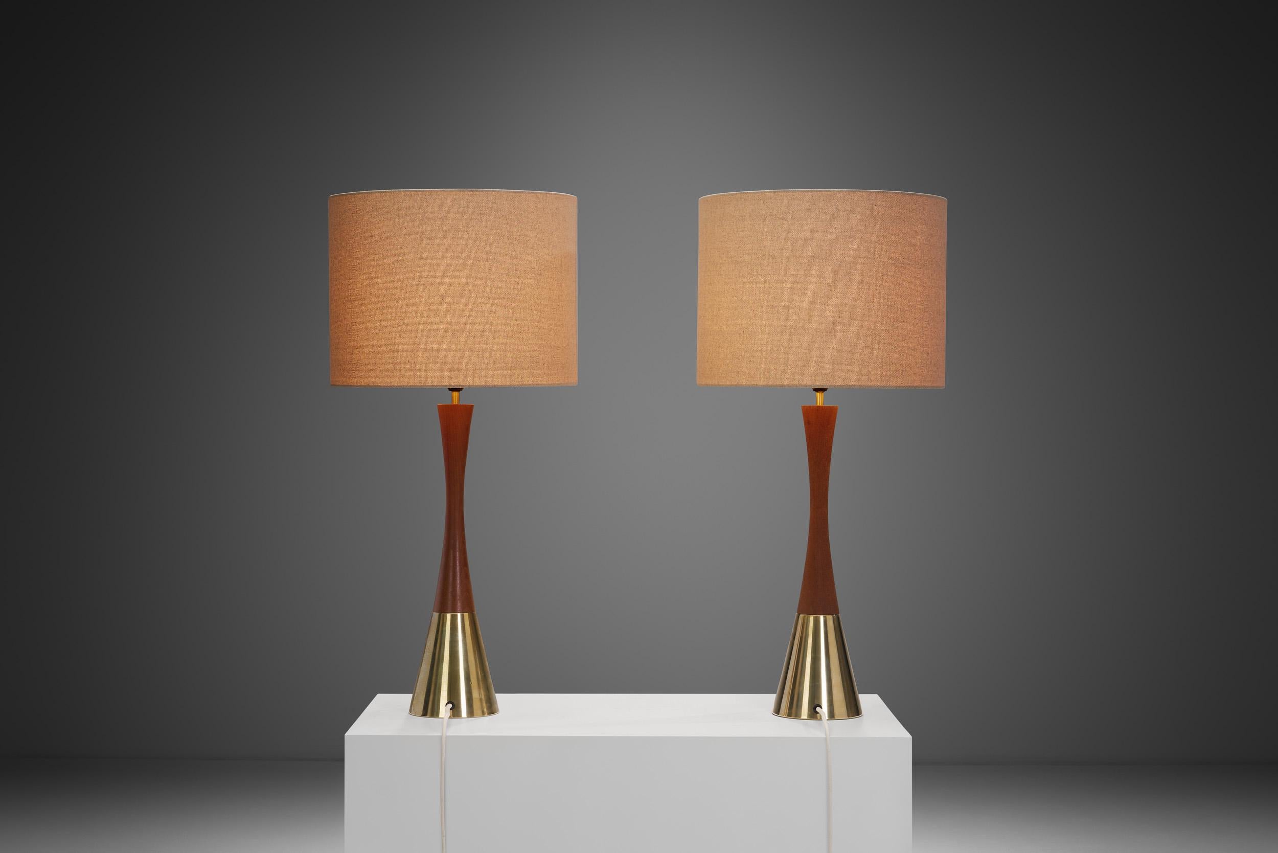 Late 20th Century Pair of Teak and Brass Table Lamps by Bergboms, Sweden ca 1970s For Sale