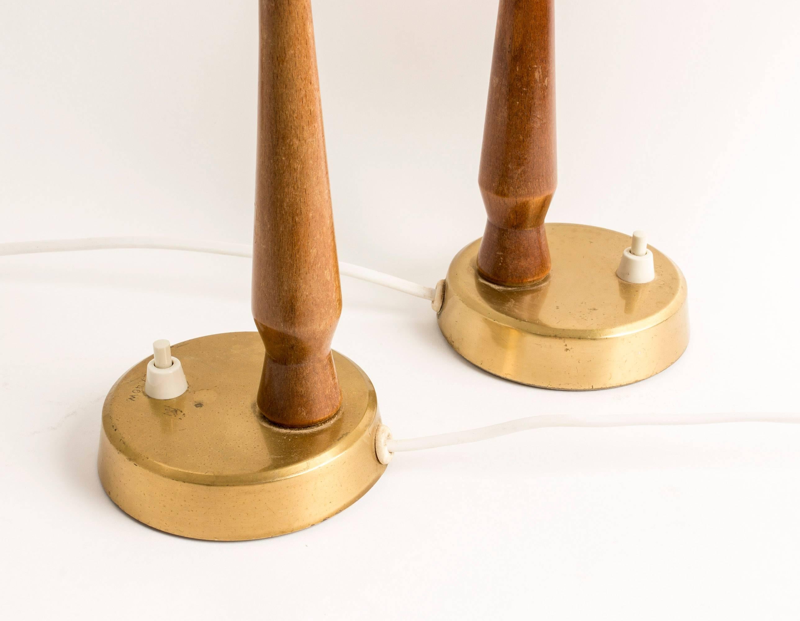 Swedish Pair of Teak and Brass Table Lamps by Hans Bergström