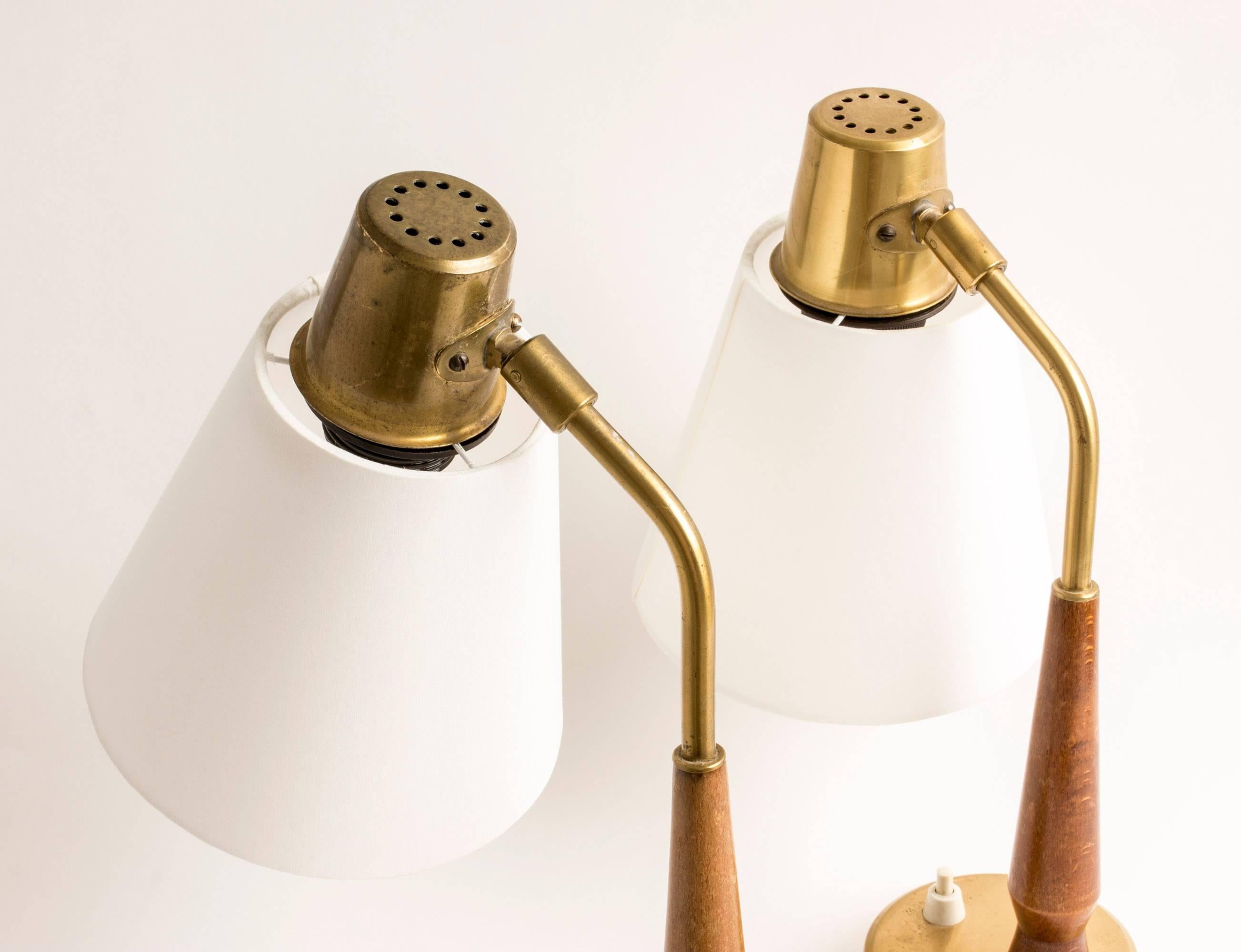 Mid-20th Century Pair of Teak and Brass Table Lamps by Hans Bergström