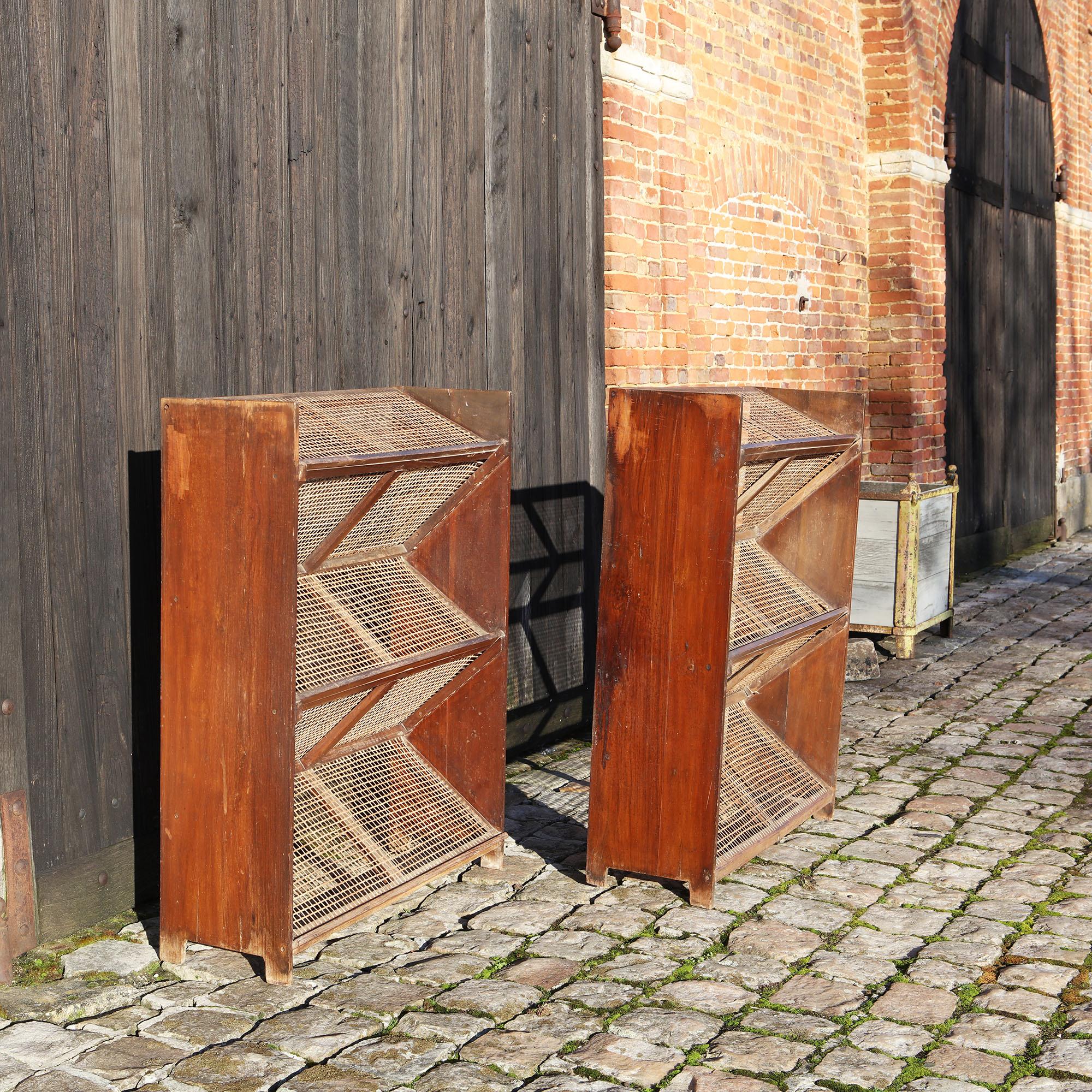 Pair of Teak and Cane Magazine Racks by Pierre Jeanneret for Chandigarh, India In Distressed Condition In London, by appointment only