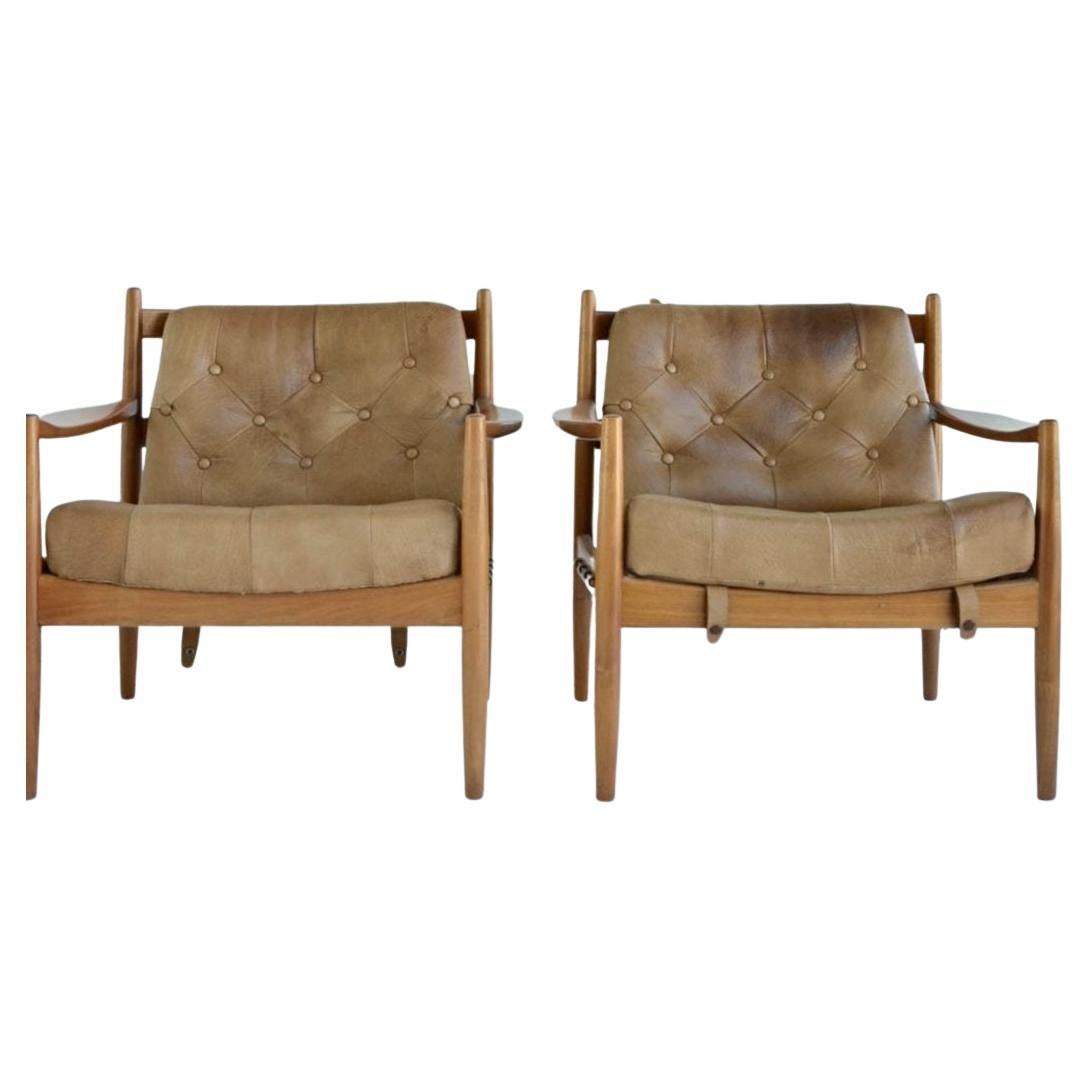Pair of teak and leather "Lacko" armchairs by Ingemar Thillmark for OPE 