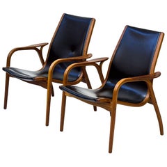 Pair of Teak and Leather "Laminett" Armchairs by Yngve Ekström for Swedese, 1966