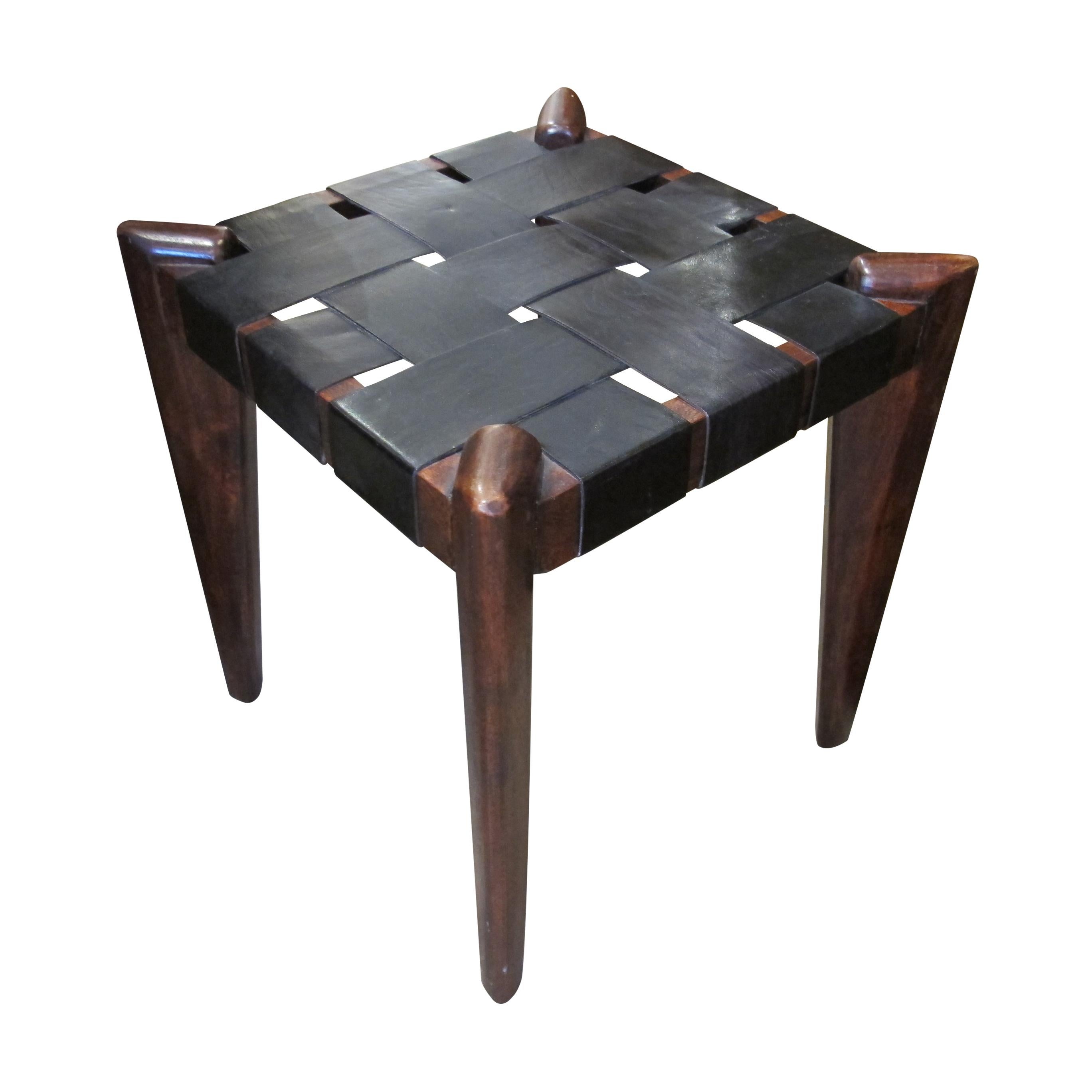 Americano Coppia di sgabelli in teak e pelle, anni '50, American in vendita