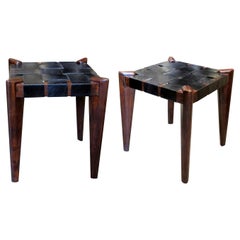 Pair of Teak and Leather Stools, 1950s, American