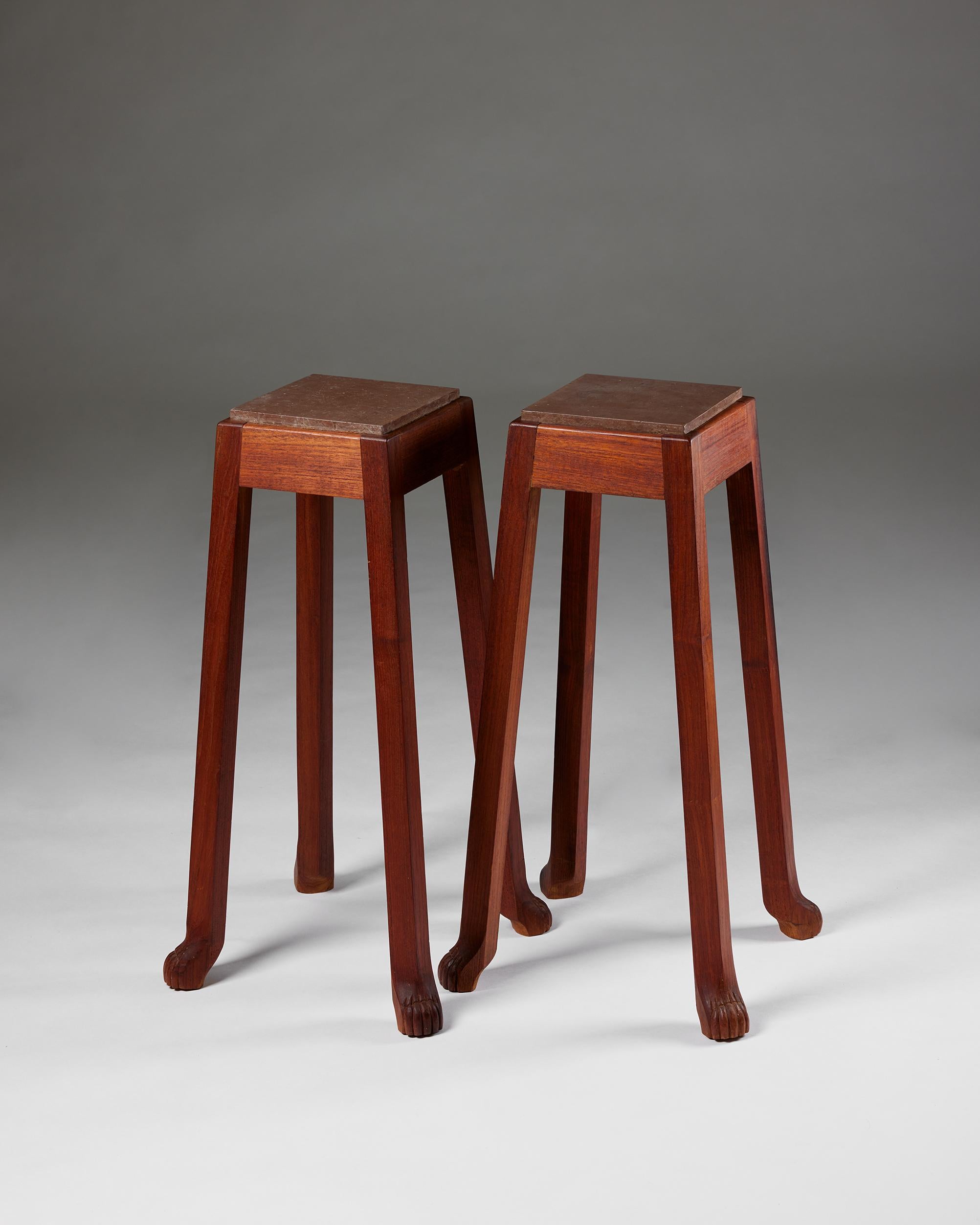 Swedish Pair of teak and limestone pedestals for Carl Malmsten’s School, Sweden, 1970s For Sale