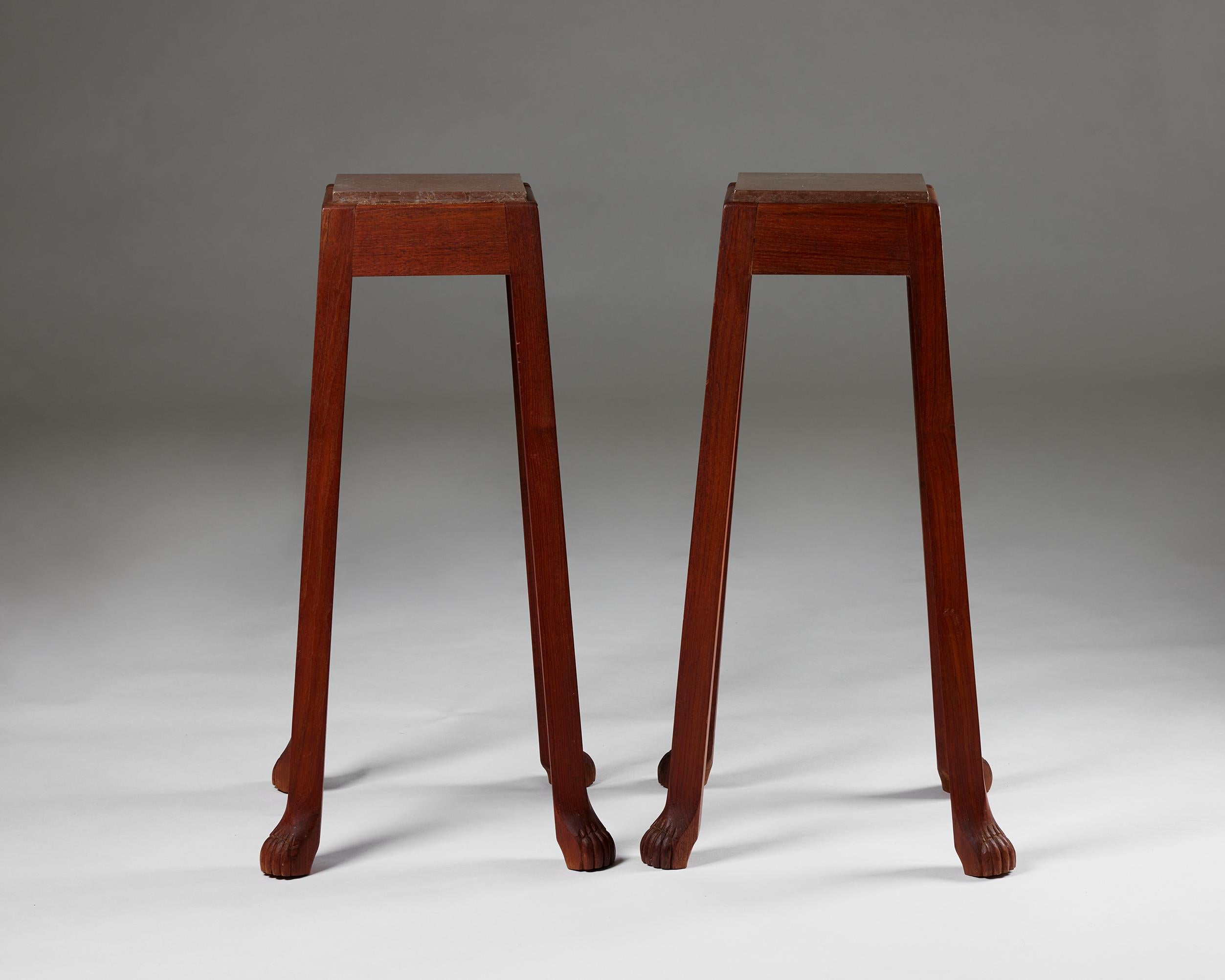 Pair of teak and limestone pedestals for Carl Malmsten’s School, Sweden, 1970s In Good Condition For Sale In Stockholm, SE