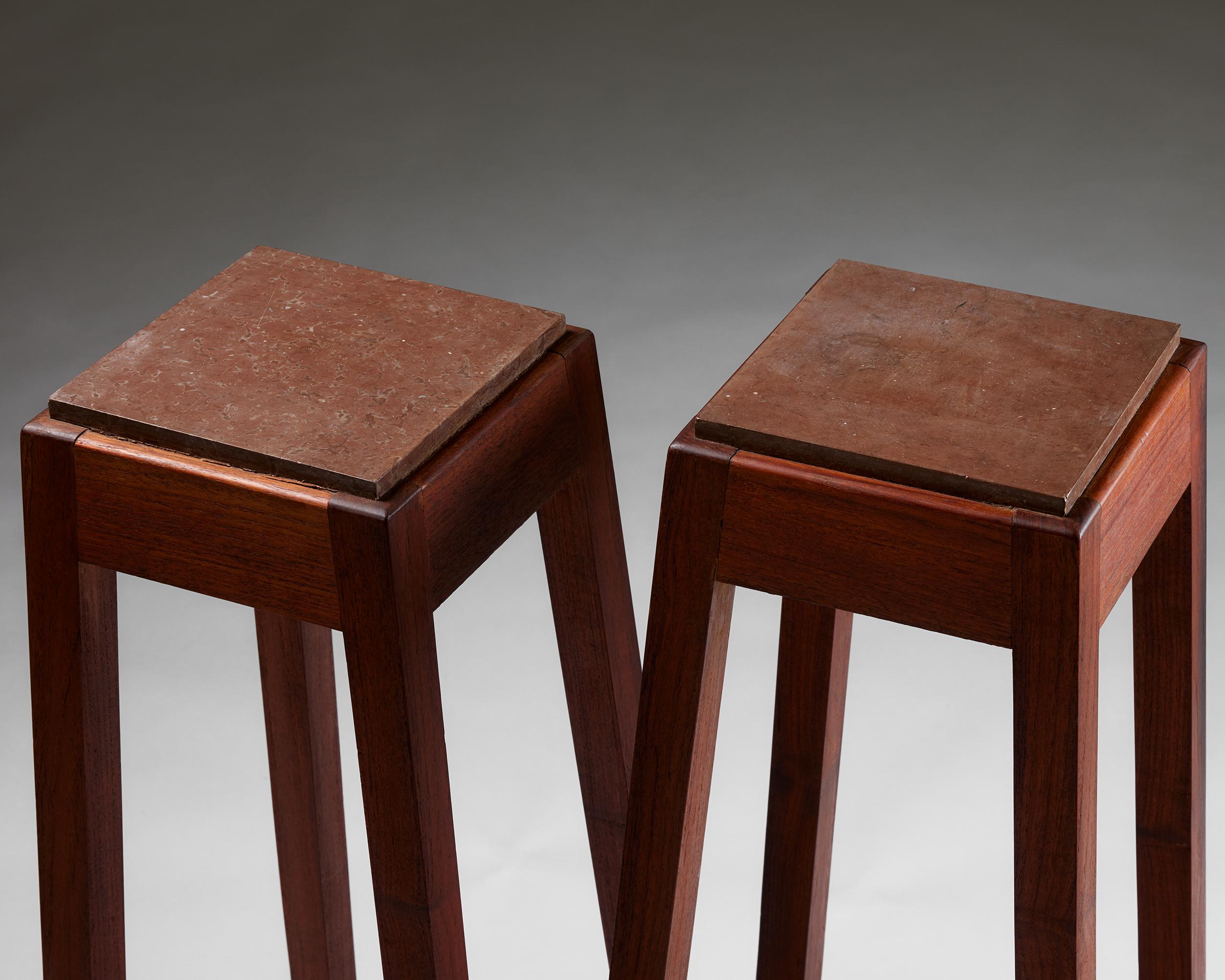 Late 20th Century Pair of teak and limestone pedestals for Carl Malmsten’s School, Sweden, 1970s For Sale