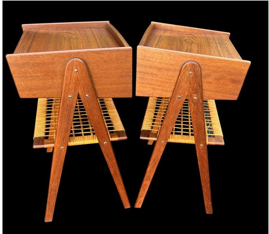 Swedish Pair of Teak and Rattan Bedside Tables by Soren Rasmussen