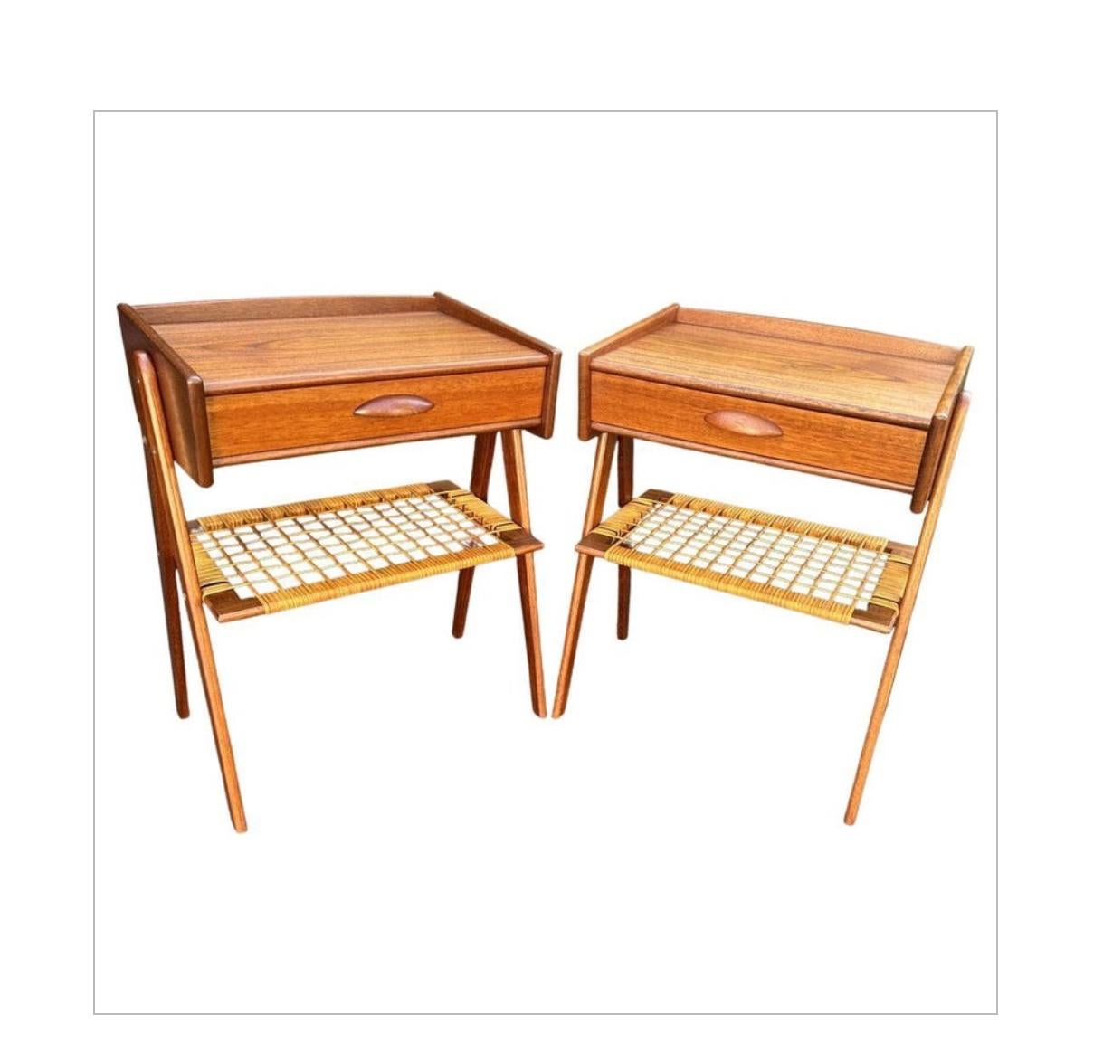 Pair of Teak and Rattan Bedside Tables by Soren Rasmussen In Excellent Condition In Little Burstead, Essex