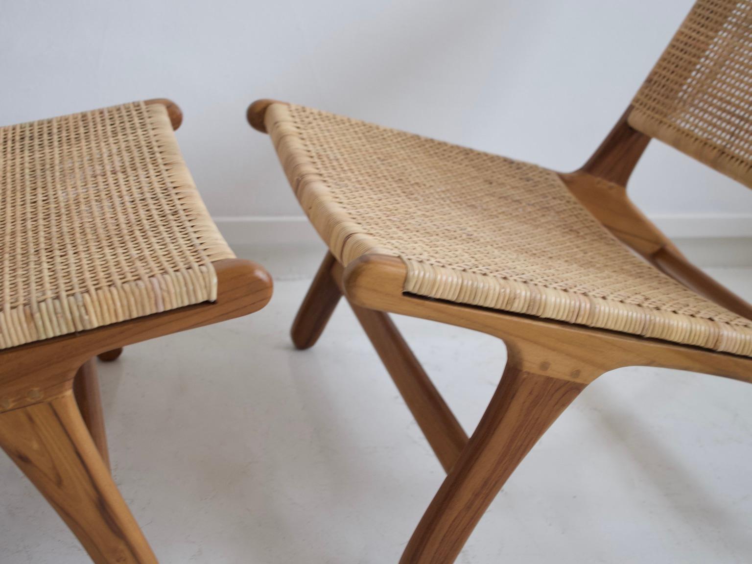 Organic Modern Pair of Teak and Rattan Lounge Chairs