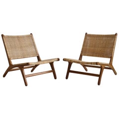 Pair of Teak and Rattan Lounge Chairs