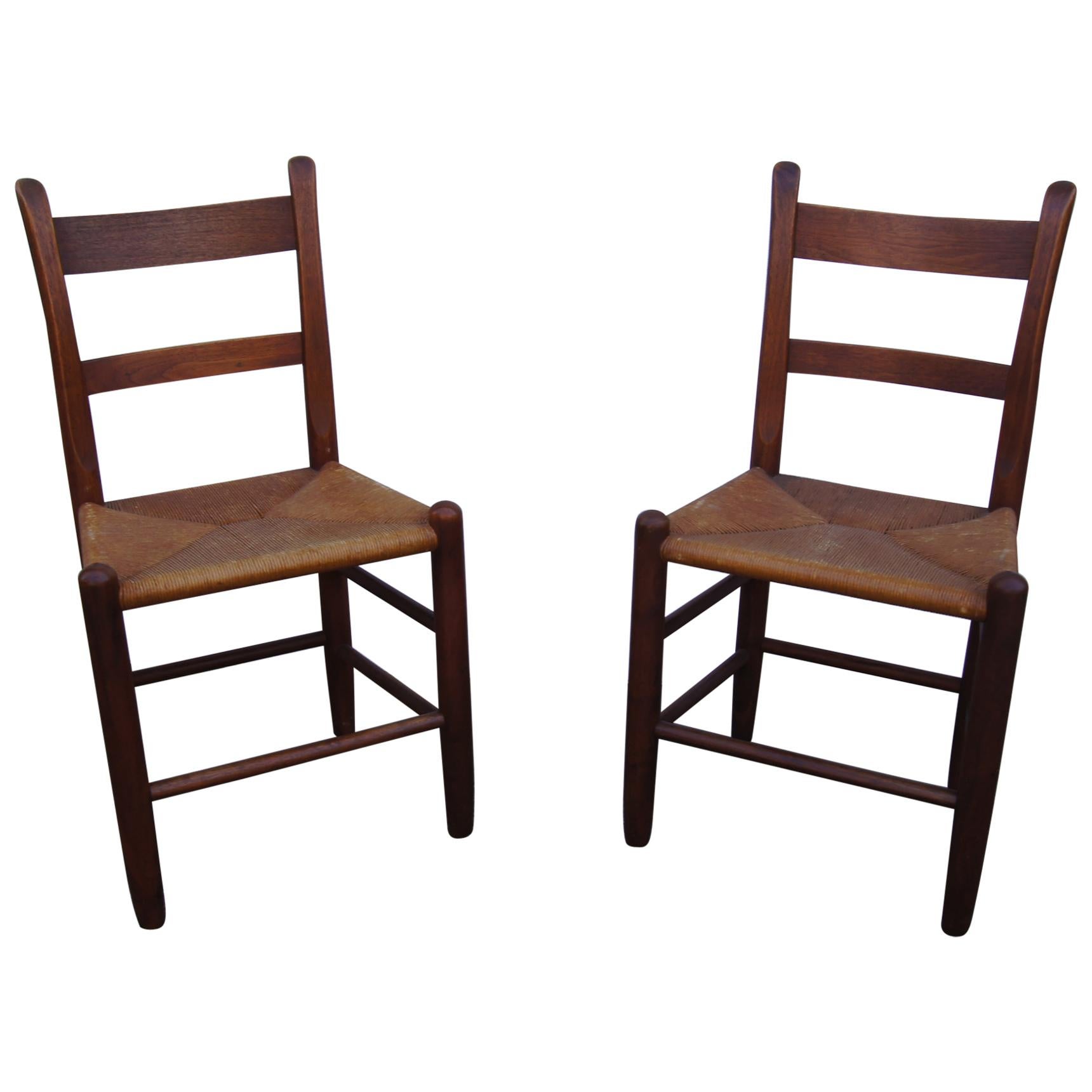 Pair of Teak and Rush Dining Chairs by Charles Webb