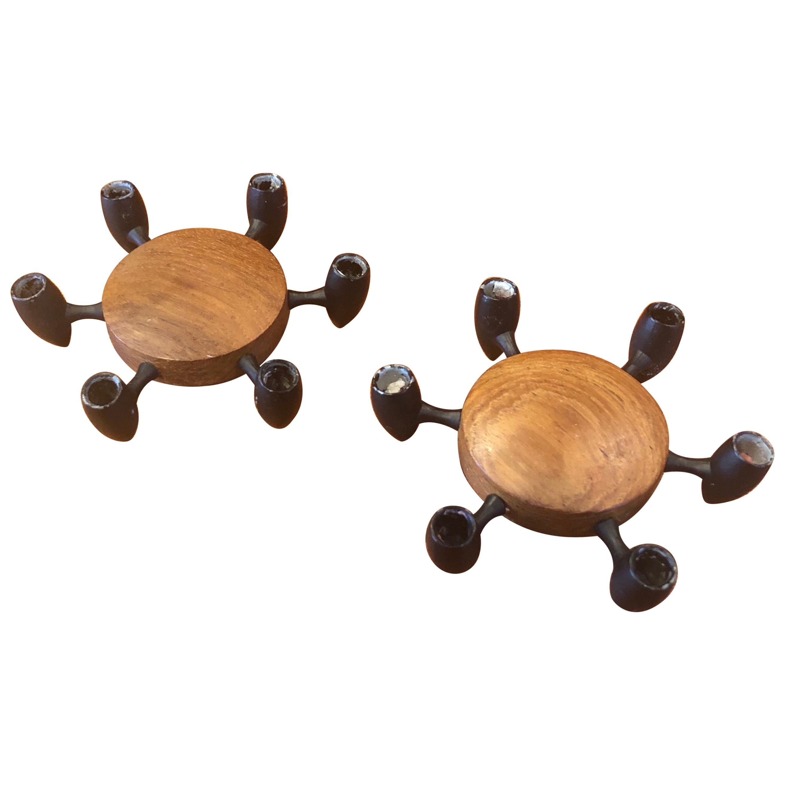 Pair of Teak and Steel Candleholders by Digsmed Designs