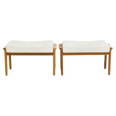 Pair of Teak and White Leather Upholstered Ottomans
