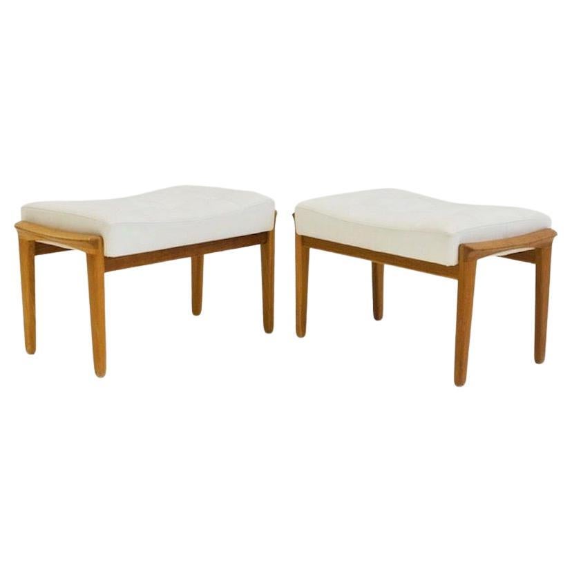 Pair of Teak and White Leather Upholstered Ottomans