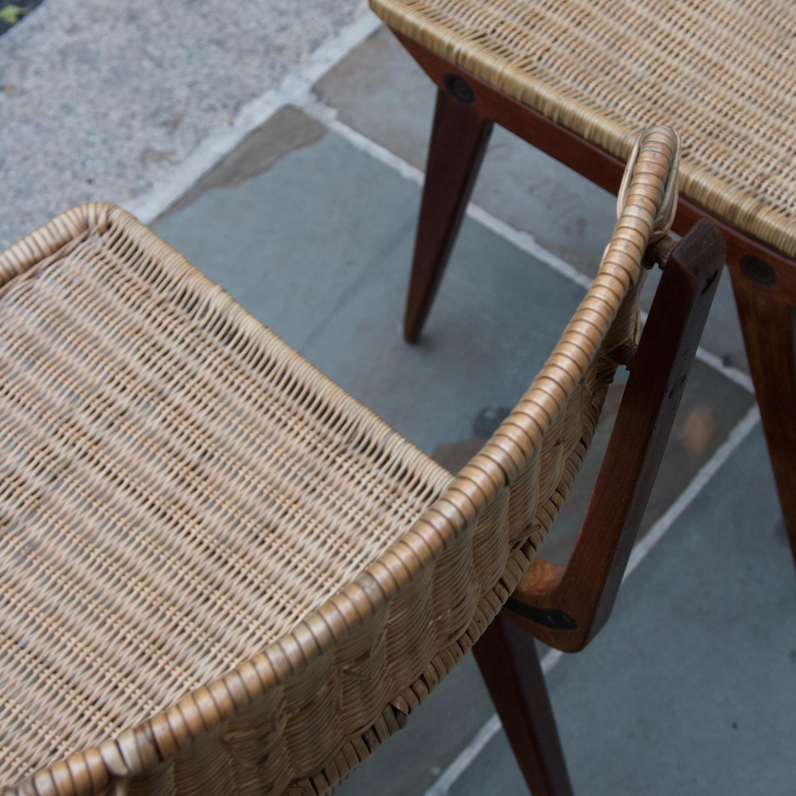 Mid-Century Modern Pair of Teak and Wicker Chairs, French, 1950s