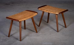 Pair of Teak and Woven Stools, Denmark, 1960s