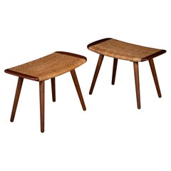 Pair of Teak and Woven Stools, Denmark, 1960s