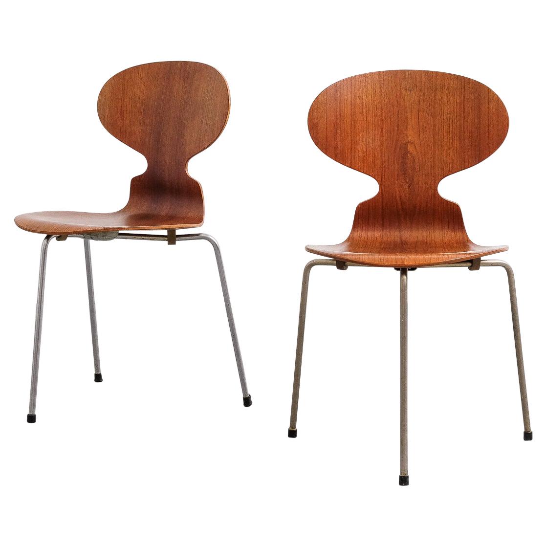 Paire de chaises fourmis en teck 3100 Arne Jacobsen pour Fritz Hansen, années 1960
