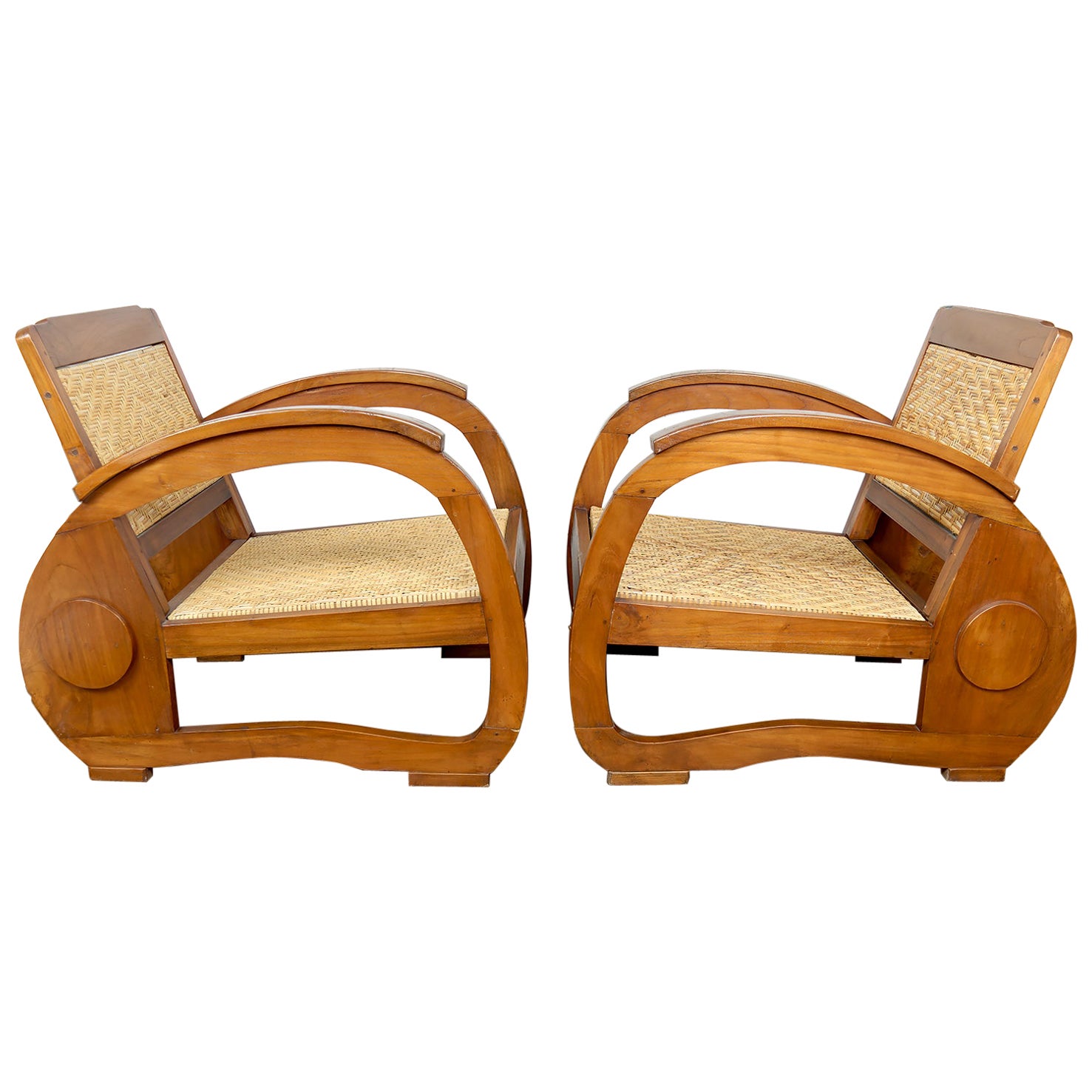 Coppia di poltrone in teak con sedute in rattan intrecciato, stile Art Deco coloniale, anni '20 in vendita