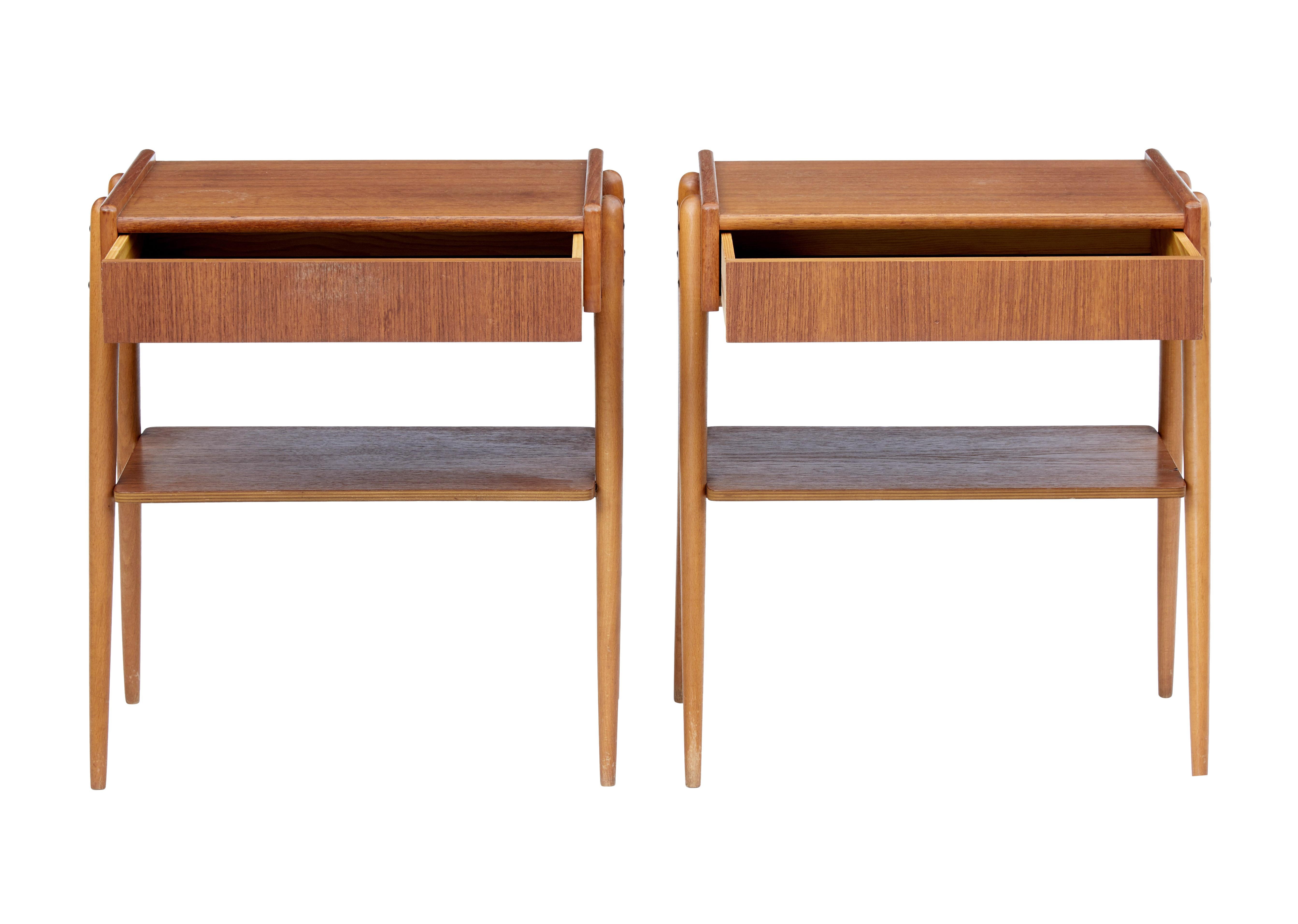 Pair of teak bedside tables by AB Carlstron and Co Mobelfabrik AB, circa 1960.

Elegant piece of Scandinavian design, with simple concealed drawer to the front. Teak frames which function as legs and to support the shelf.

These tables do