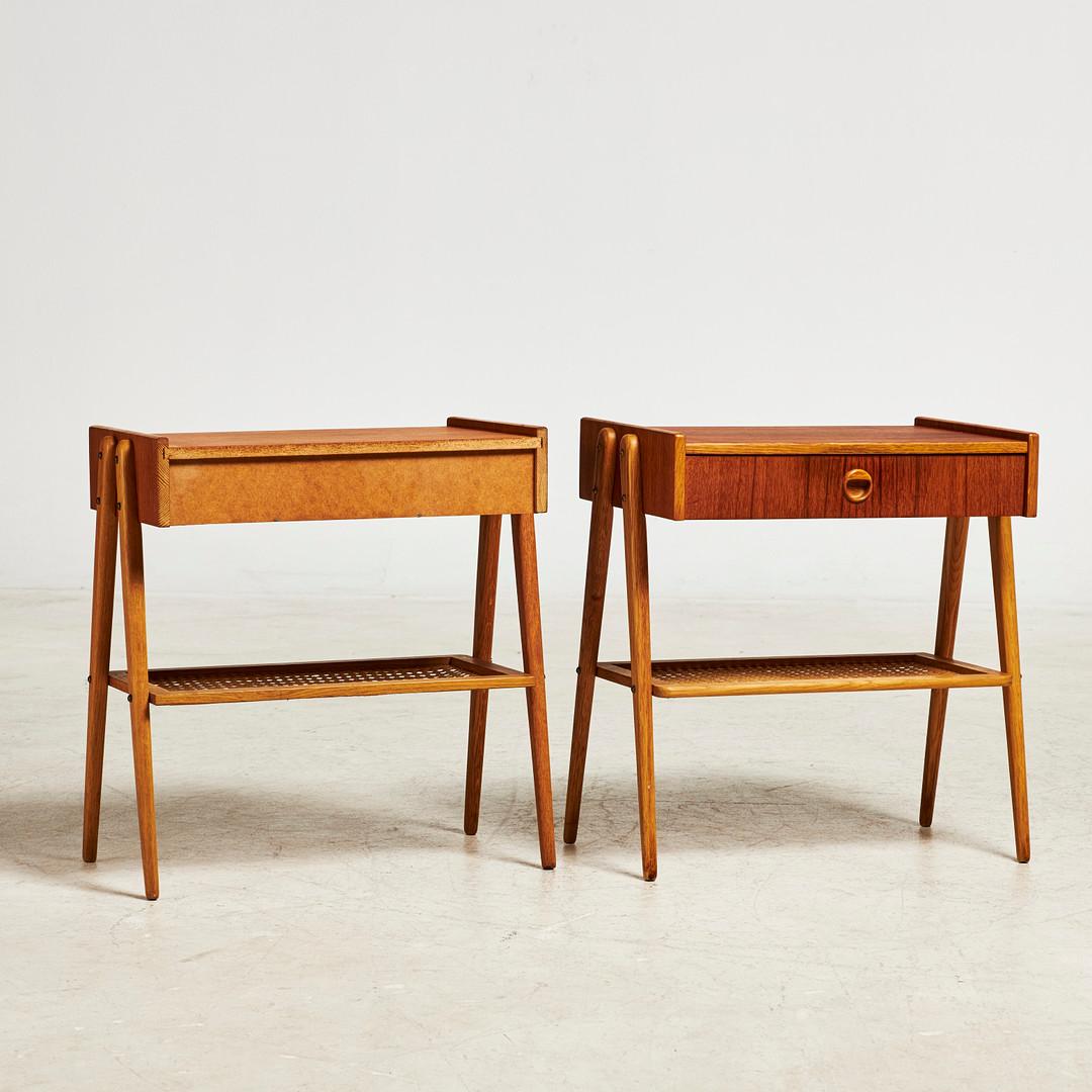 Scandinavian Modern Pair of Teak Bedside Nightstand Tables Shelf in Rattan Denmark