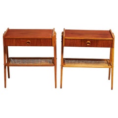 Pair of Teak Bedside Nightstand Tables Shelf in Rattan Denmark