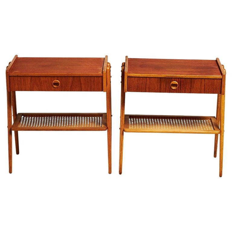 Pair of Teak Bedside Nightstand Tables Shelf in Rattan Denmark