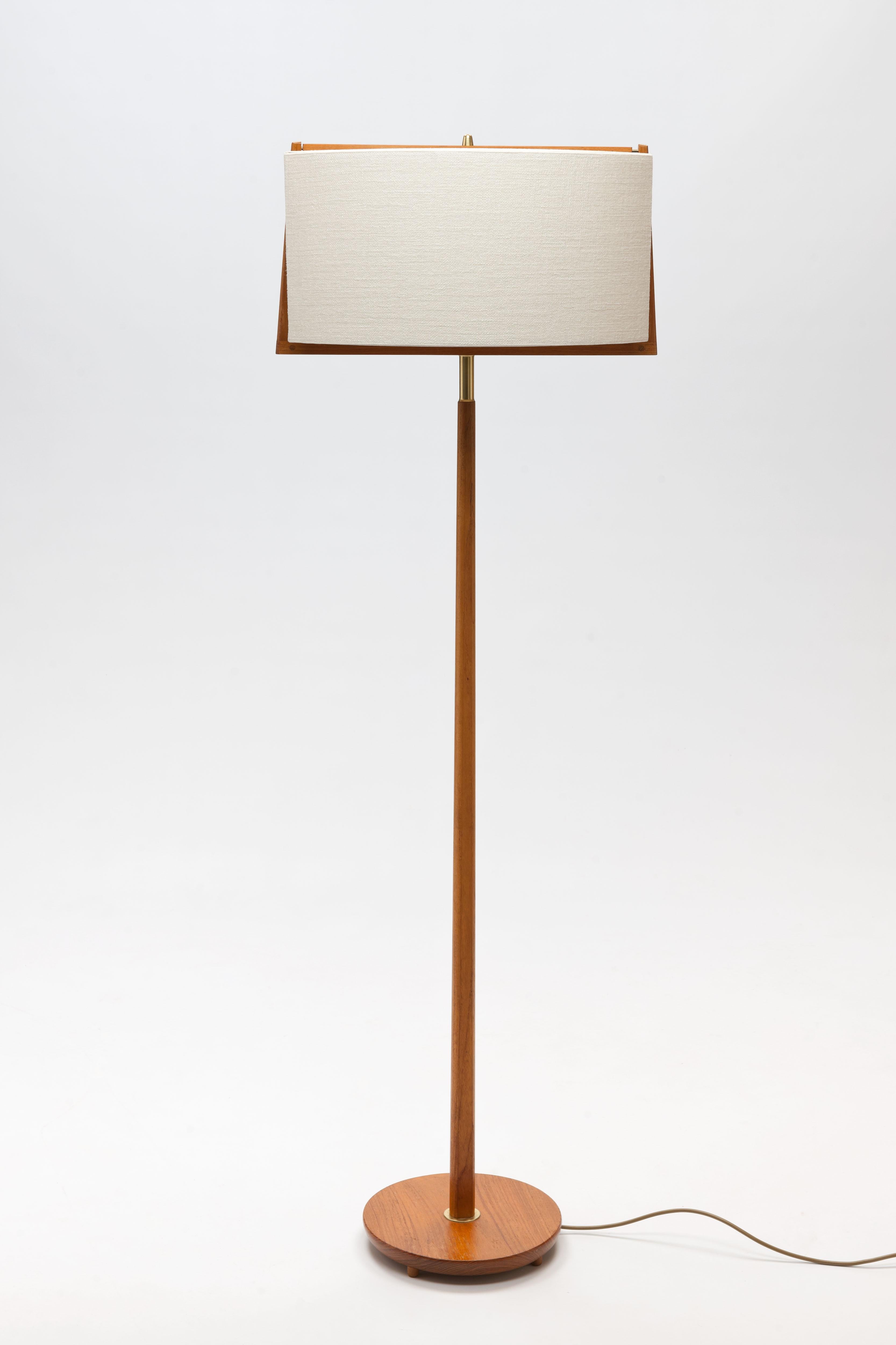 Scandinavian Modern Pair of Teak & Brass Swedish Modern Floor Lamps with Unique Shades in Frame
