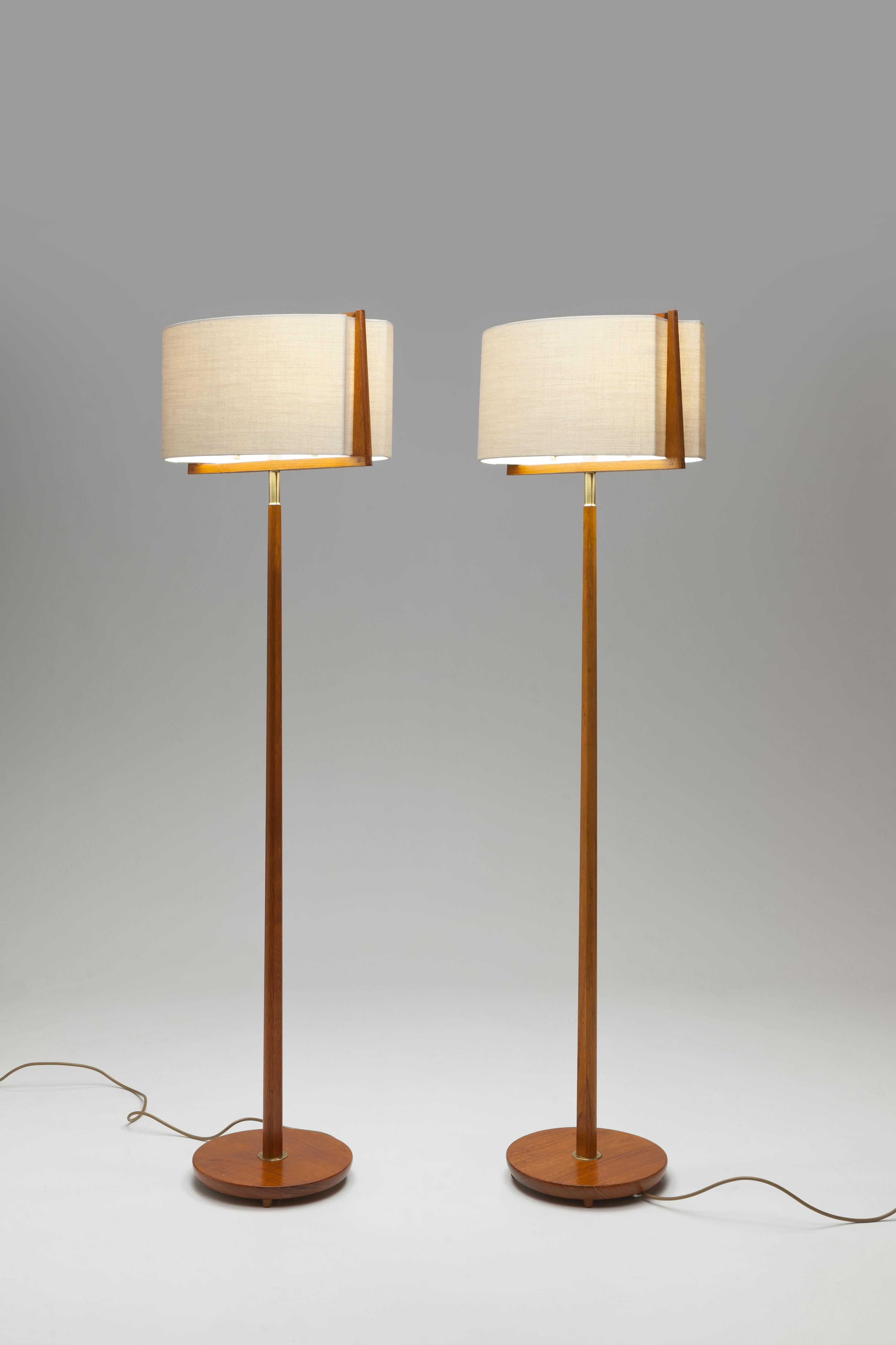 Mid-20th Century Pair of Teak & Brass Swedish Modern Floor Lamps with Unique Shades in Frame