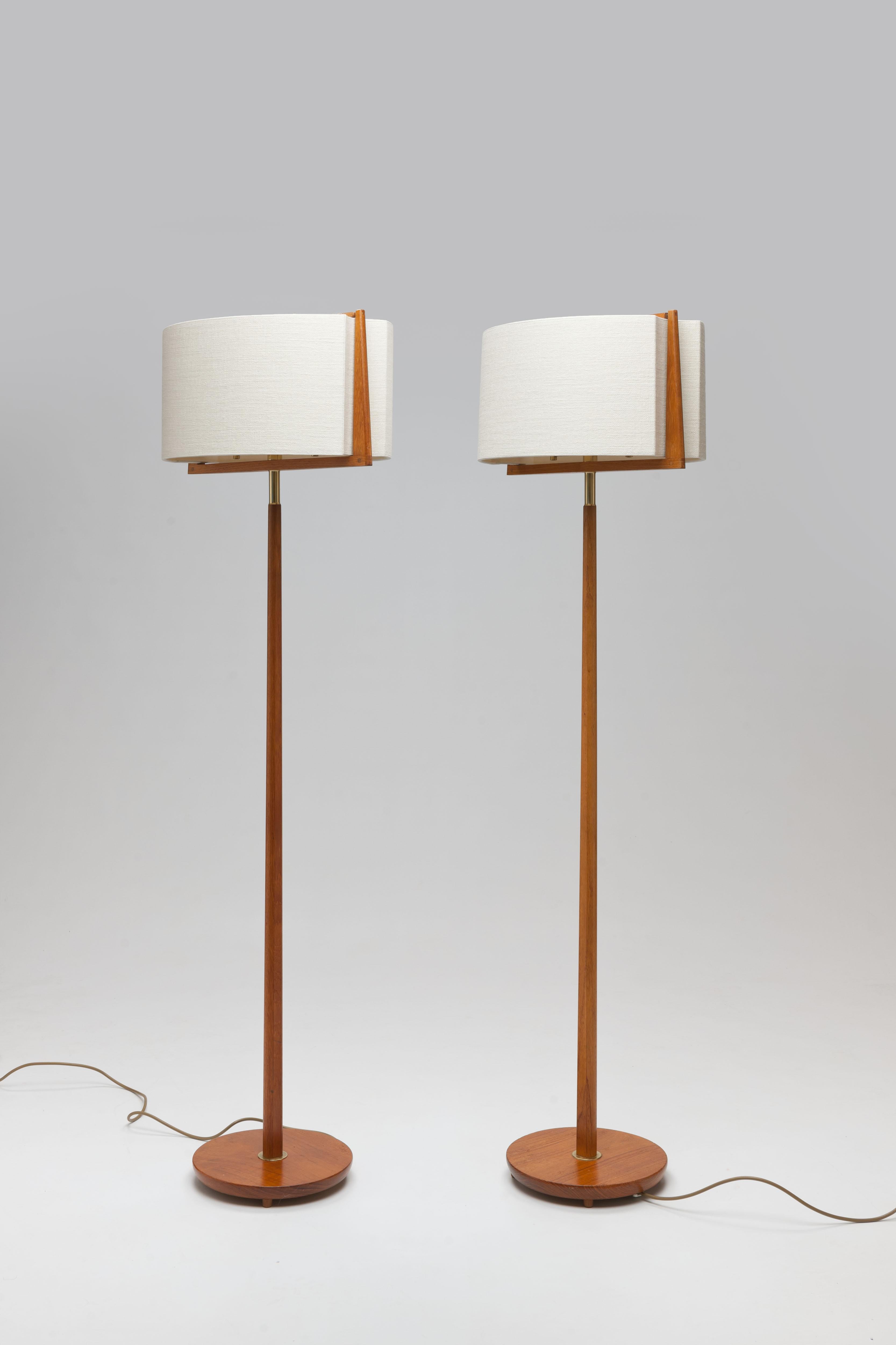 Pair of Teak & Brass Swedish Modern Floor Lamps with Unique Shades in Frame 1