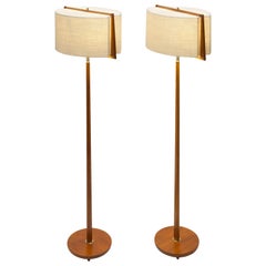 Pair of Teak & Brass Swedish Modern Floor Lamps with Unique Shades in Frame