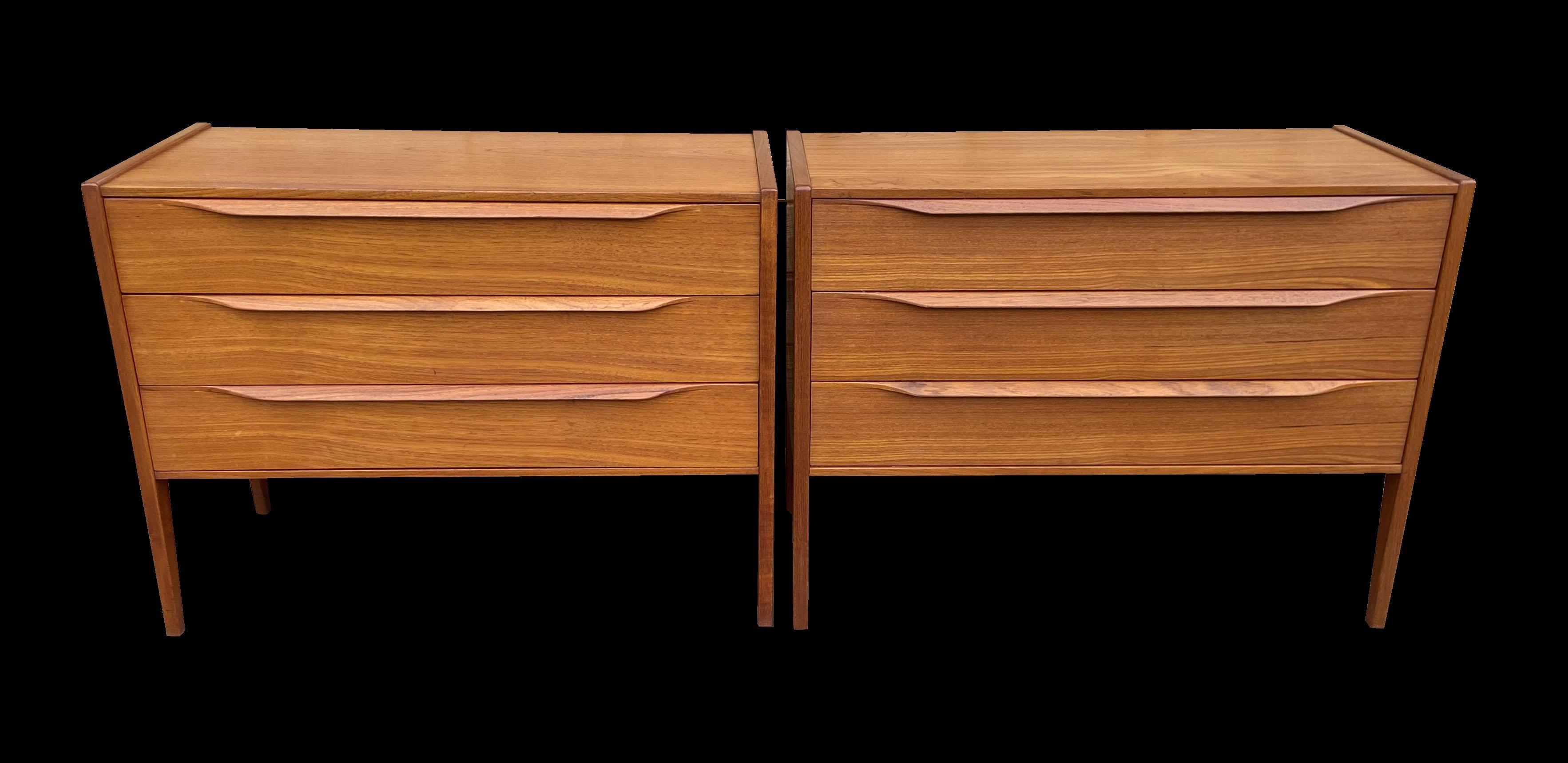 A very nice pair of Teak cabinets in very good condition. One has a sectioned top drawer for jewelry etc. they could be used in any room including as bedside cabinets.