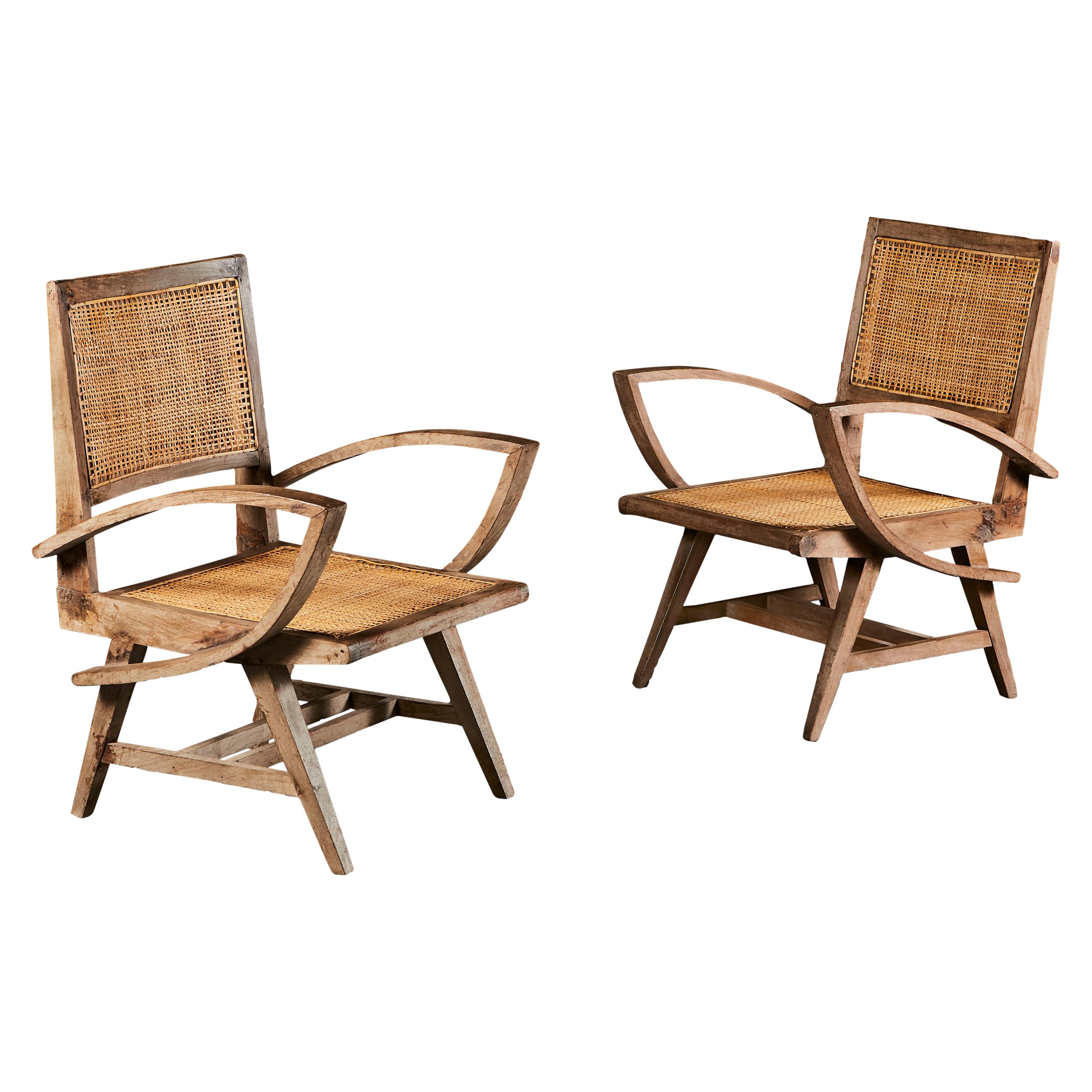 Pair of Teak Chandigarh Armchairs after Pierre Jeanneret with Caned Seats