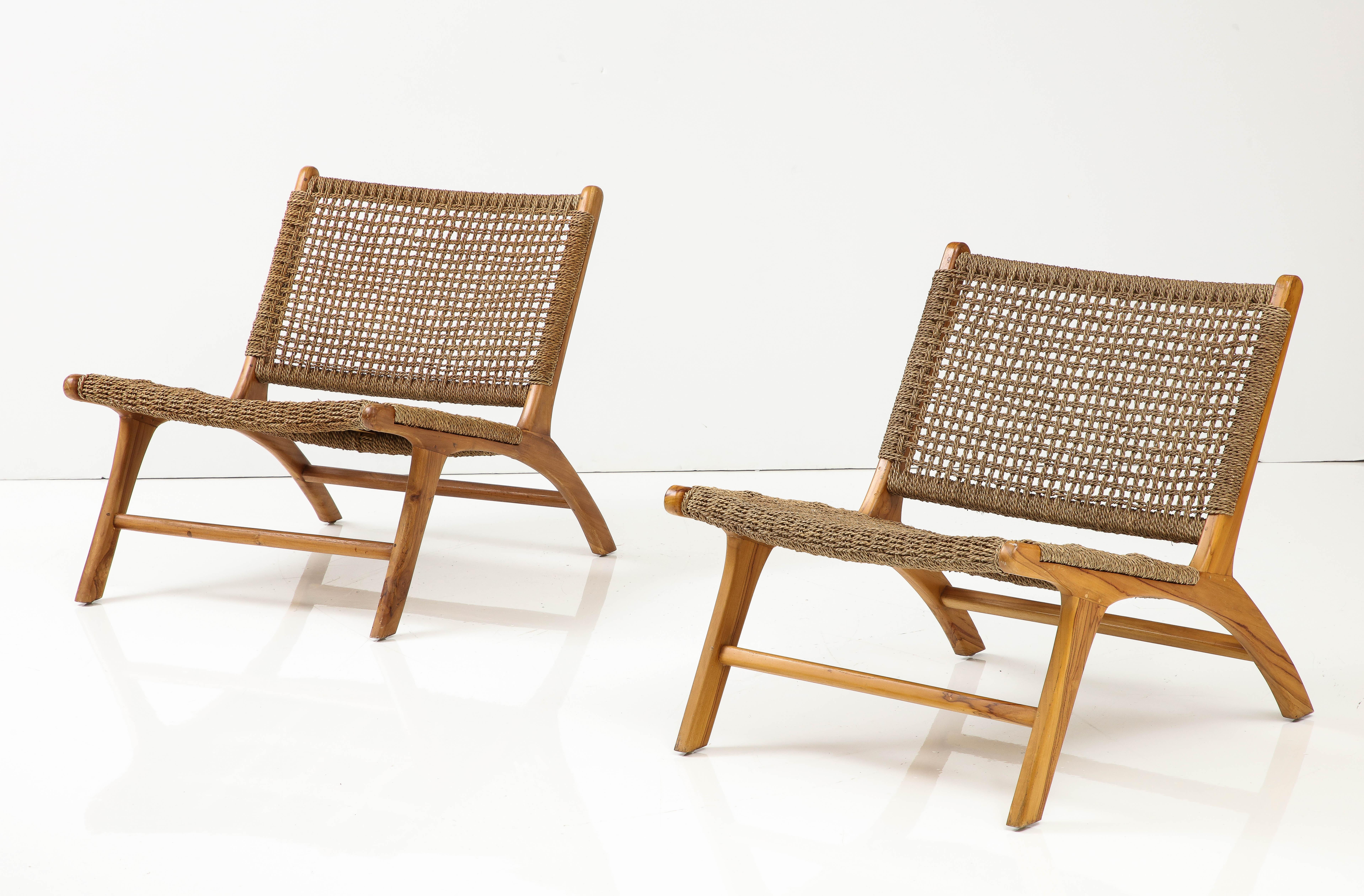 Pair of Wood & Cord Chairs, France, C. 1990s, Signed, Numbered 5