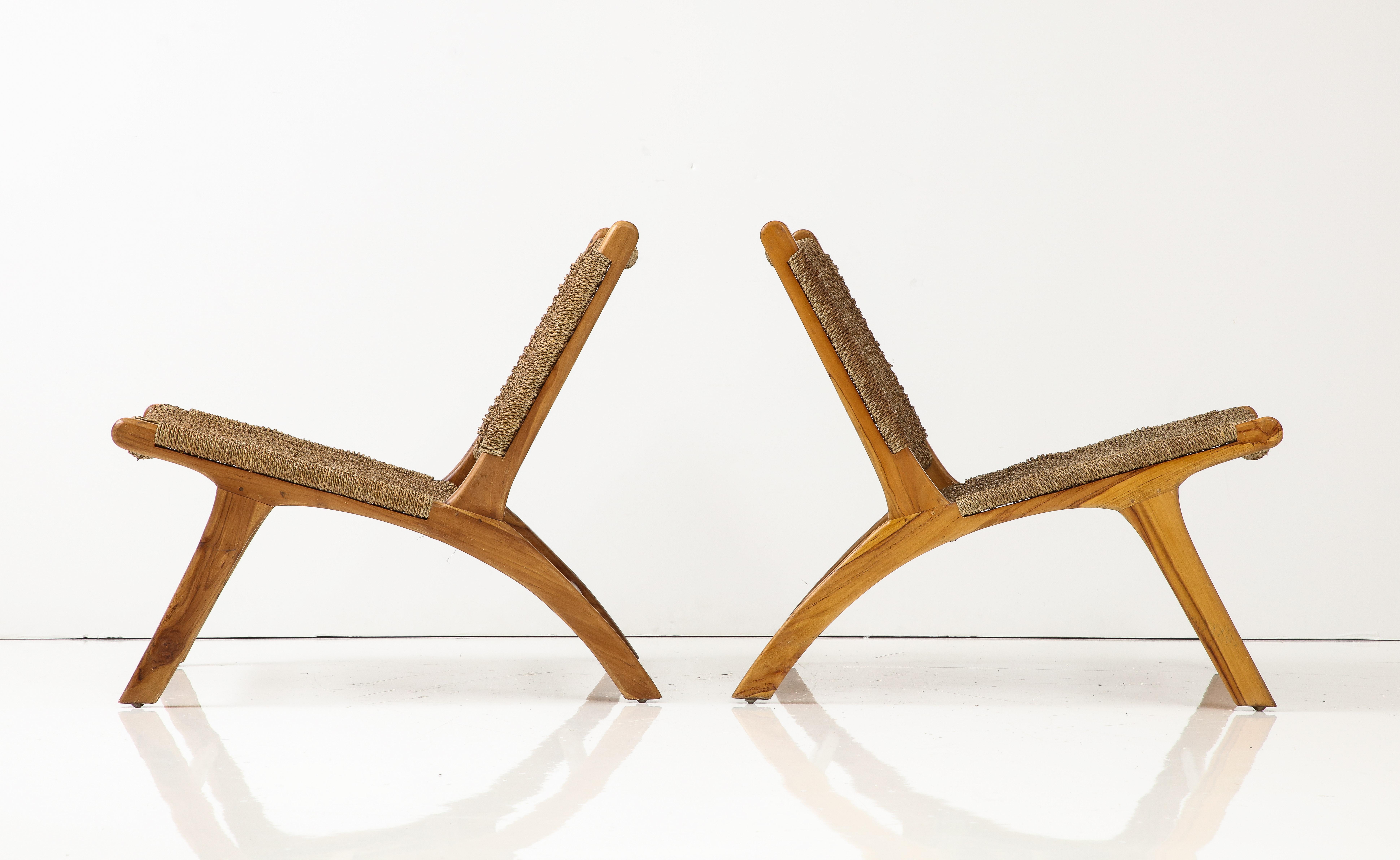 Pair of Wood & Cord Chairs, France, C. 1990s, Signed, Numbered 8