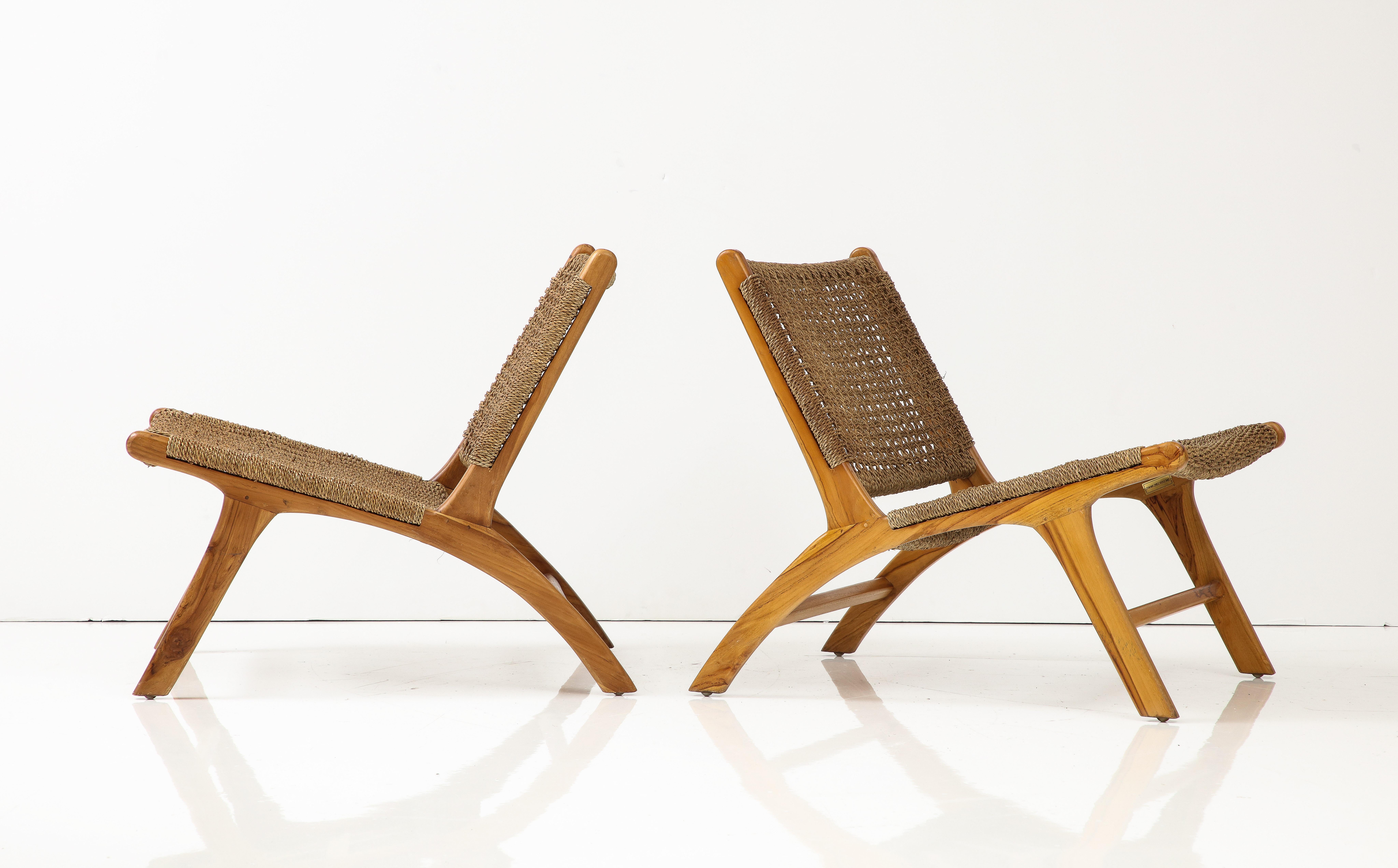Pair of Wood & Cord Chairs, France, C. 1990s, Signed, Numbered 9