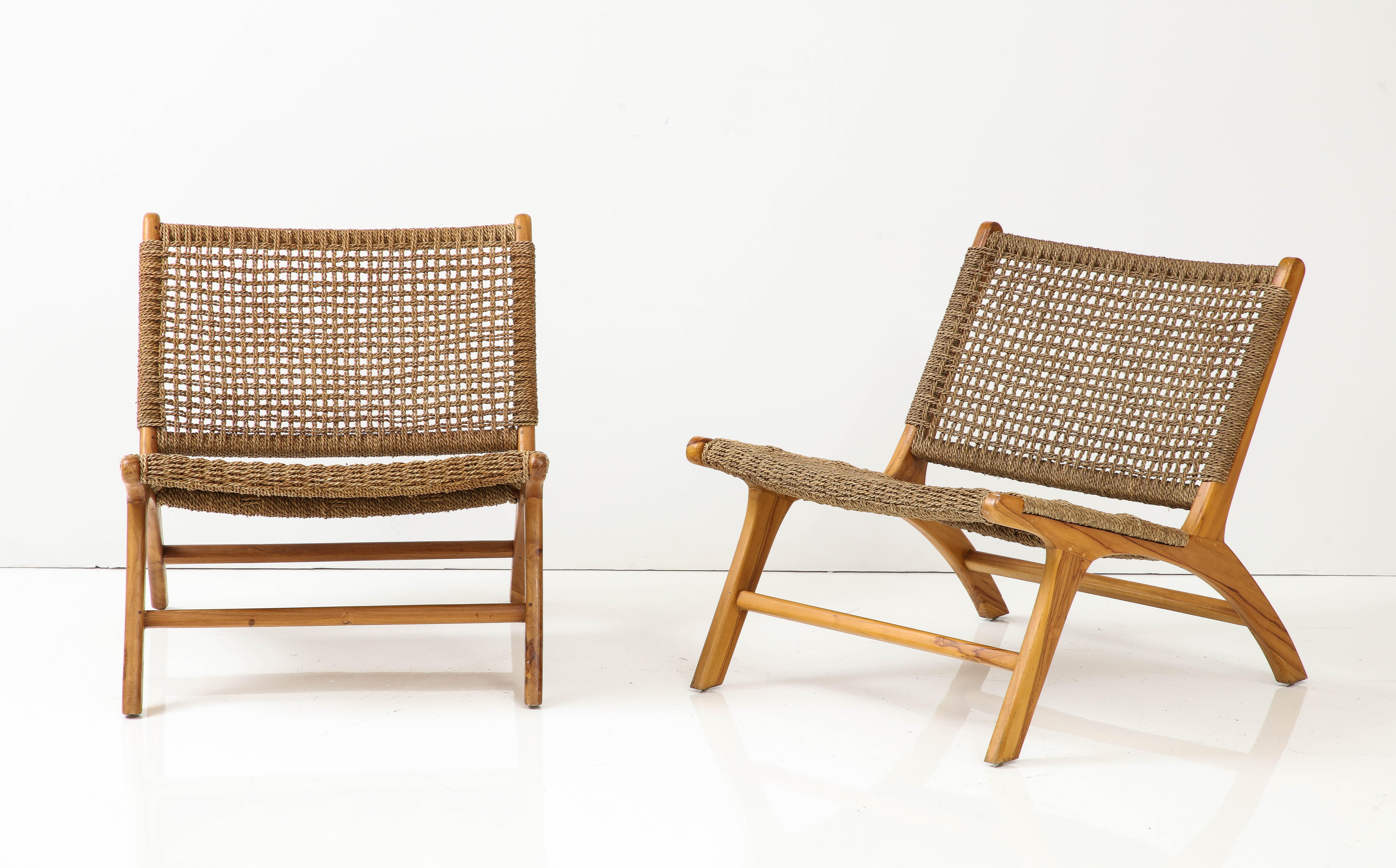 Modern Pair of Wood & Cord Chairs, France, C. 1990s, Signed, Numbered